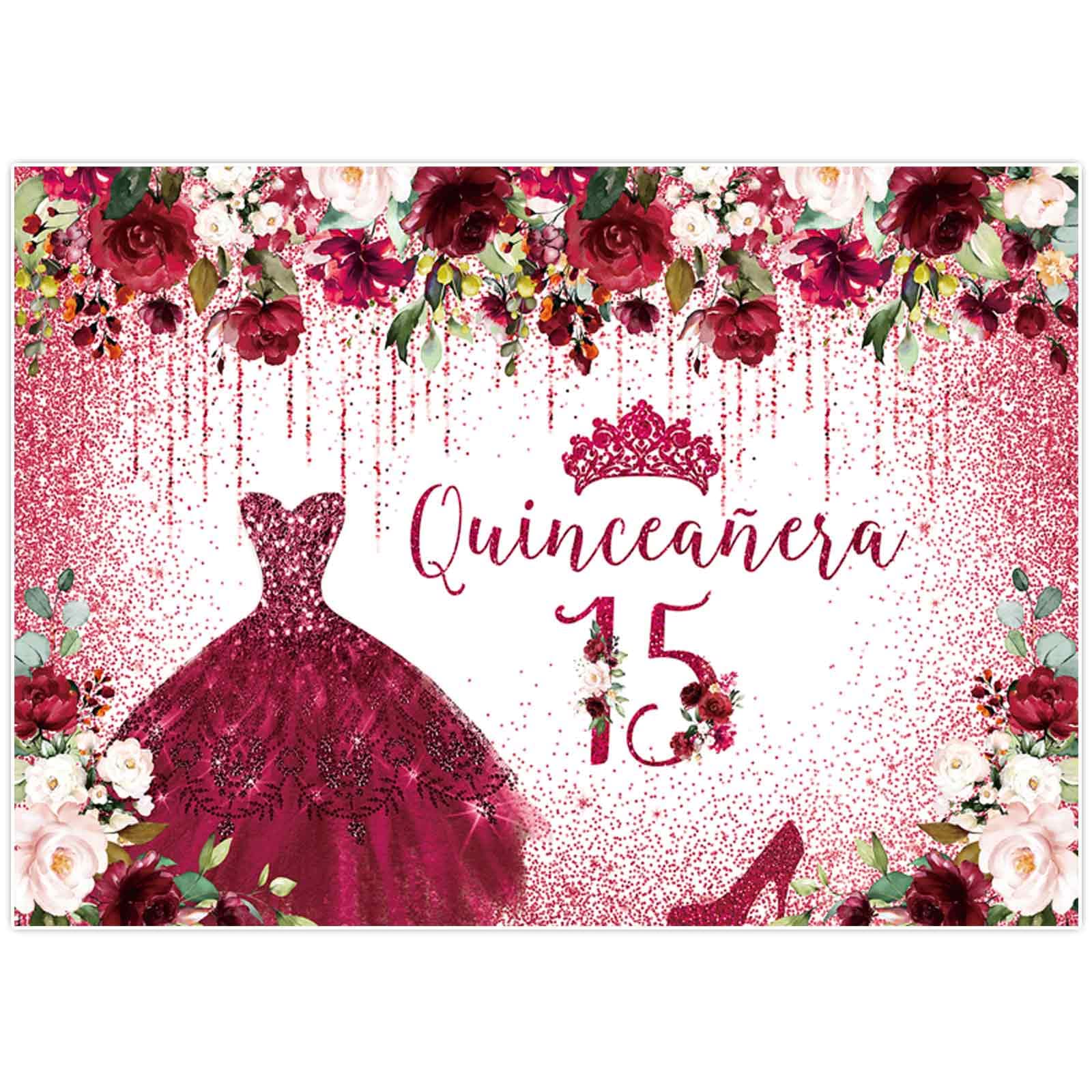 Buy Allenjoy 82" x 59" Burgundy Blush Floral Quinceañera Backdrop for