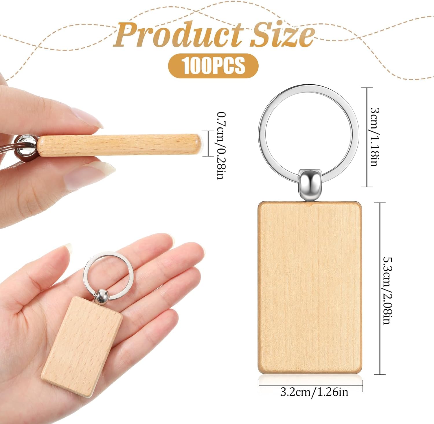 100 Pcs Wooden Keychain Blanks, Unfinished Laser Engraving Blanks, Rectangle Blank Keychains for Personalized DIY Crafts Wall Hangings Pet Tags