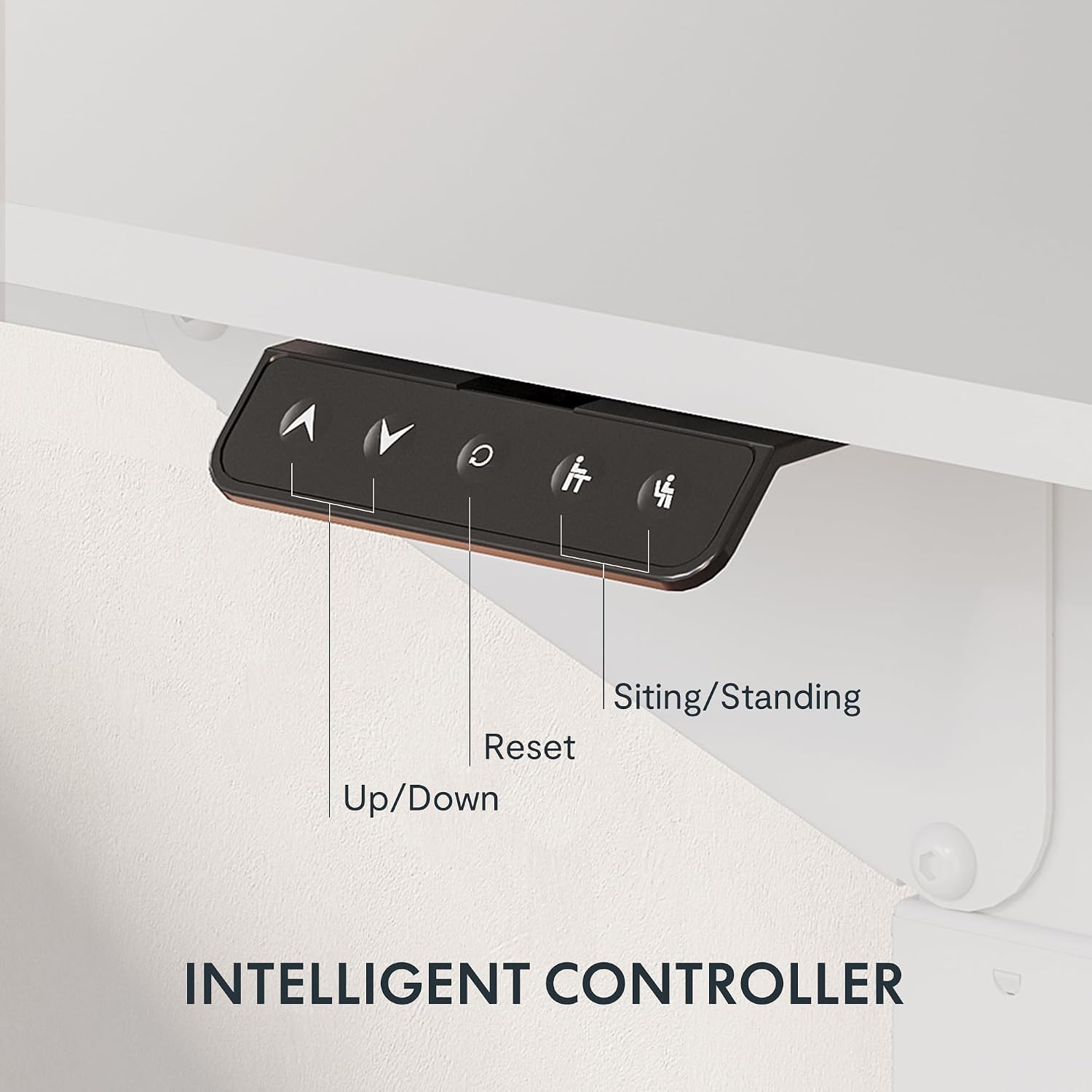 Close-up of the FLEXISPOT desk's intelligent control panel with up, down, reset, and memory buttons.