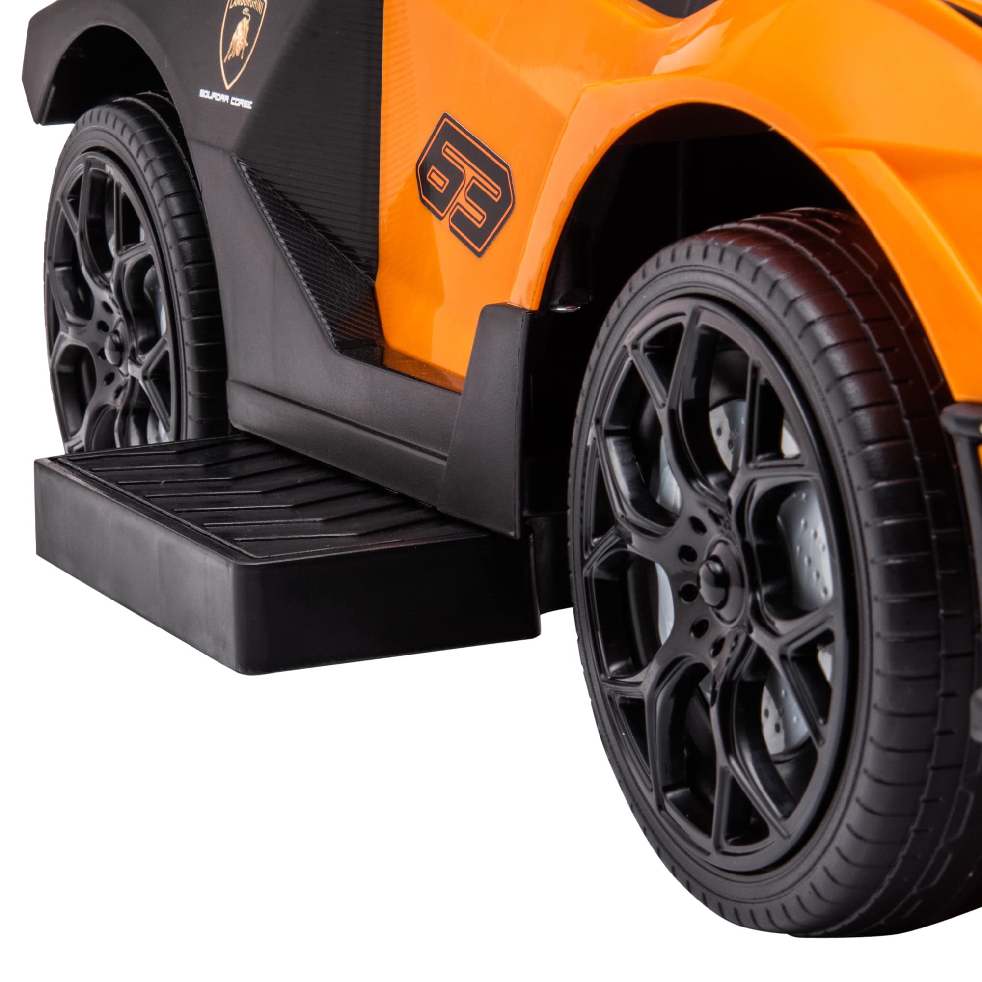 AIYAPLAY Lamborghini Macchinina per Bambini 2 in 1 con Maniglione e Barriera di Sicurezza, Volante e Clacson, Auto per Bambini in PP e Metallo, 86.5x40x89.5 cm, Arancione e Nero