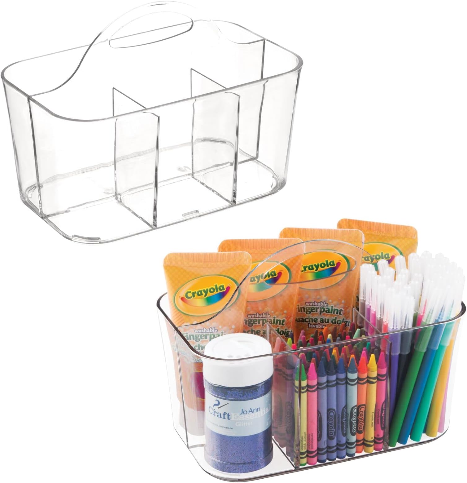 mDesign Plastic Portable Craft Storage Organizer Caddy Tote, Divided Basket Bin w/Handle - Craft, Sewing, Art Supplies - Holds Brushes, Colored Pencils - Lumiere Collection - Clear, 2 Pack