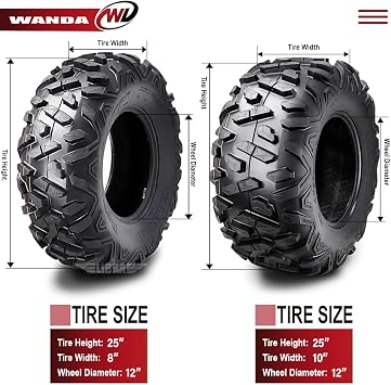 WANDA Set 4 ATV/UTV Tires 25X8-12 25X10-12 for 2002-2008 YAMAHA GRIZZLY 660 | POWER-TRAIL Series Classic Solid Non-Direction Lugs Cover All Terrains