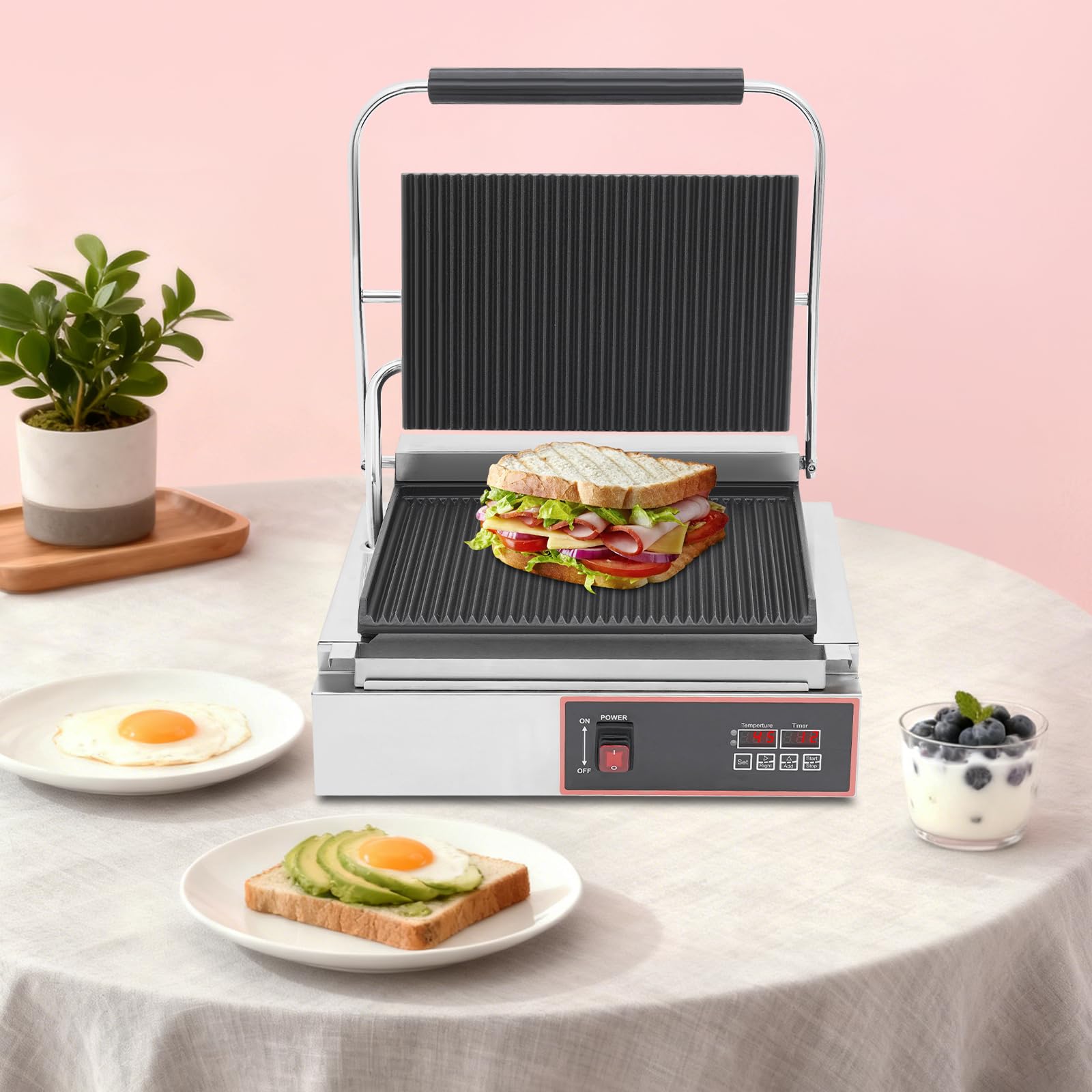 Griglia elettrica a contatto 2200 W commerciale panini panini elettrico con indicatore LED e timer minuti per panini, bistecche, verdure