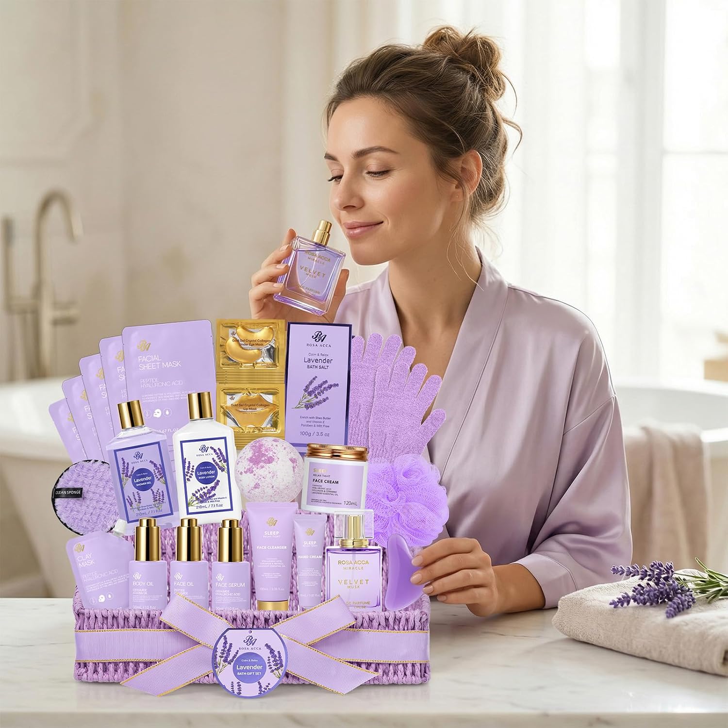 Mothers Day Gifts Basket for Mom, 32 Pcs Lavender Bath and Body Gift Basket Set for Women, Hydrating Facial Skin Care Set, Home Spa Self-Care Basket Set, Birthday, Anniversary, Wife