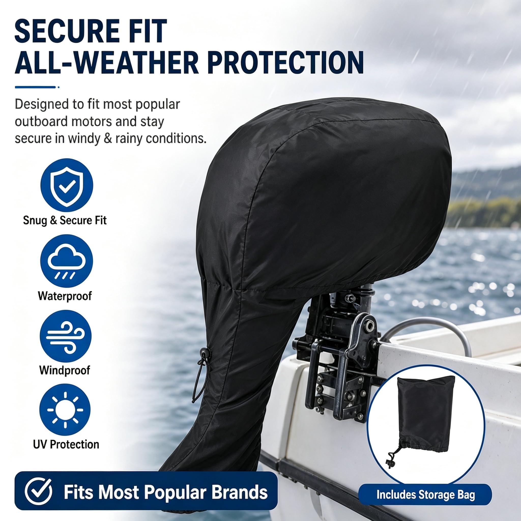 Bootsmotorabdeckung, Außenbordmotorabdeckung Voller Bootsmotorabdeckung Wasser Polyester Windschutz Außenborder Motorabdeckung mit Aufbewahrungstasche 0 bis 20 (6-15 PS)