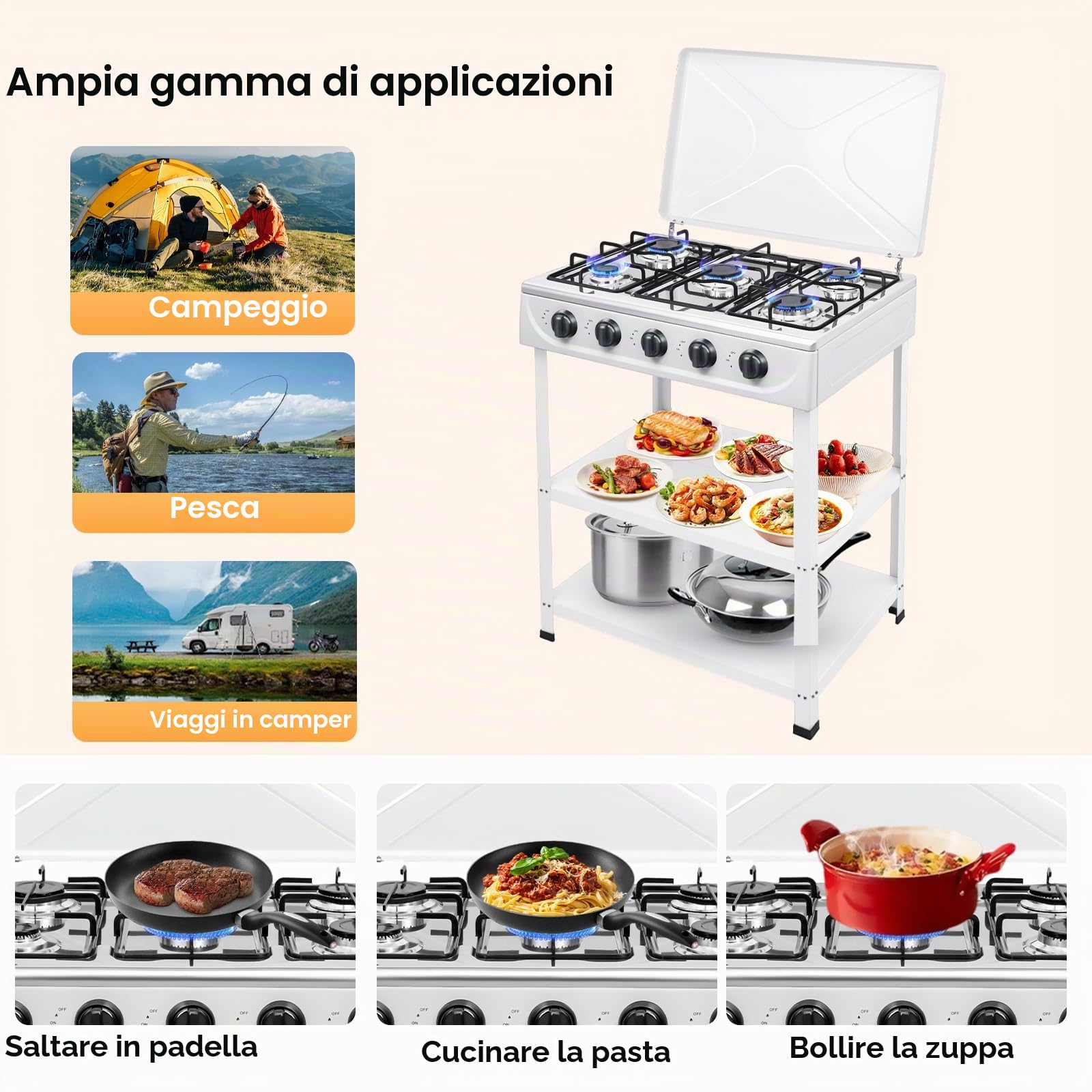 5 Fuochi Piano Cottura a Gas, Carrello Griglia con Coperchio, Fornello a Gas Indipendente, Fornello a Gas Naturale da Campeggio, per Campeggio, Outdoor, Camper, 61,5x42,5x82cm (Bianco)