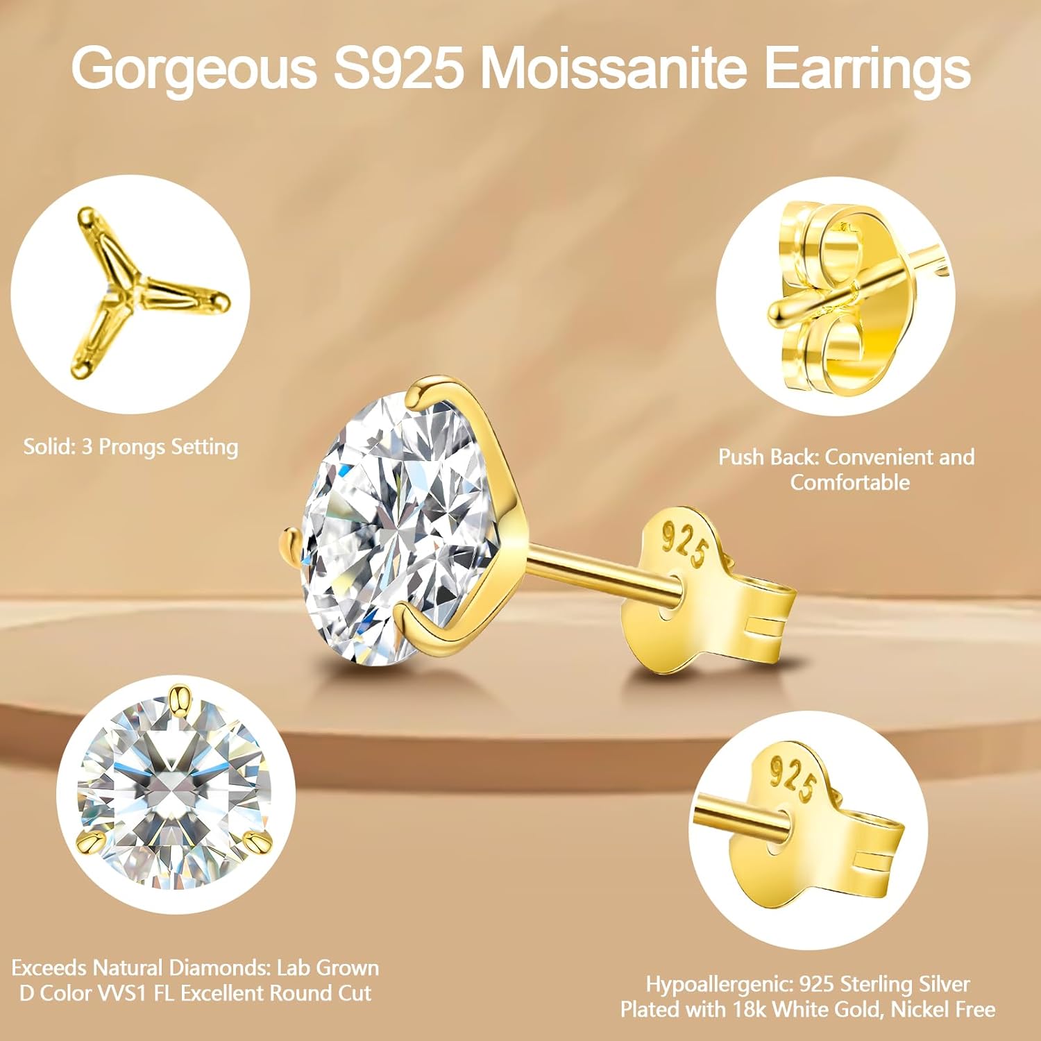 Moissanite Stud Earrings for Women, Gold Vermeil 925 Sterling Silver Lab Created Diamond Studs Solitaire Earrings Jewelry Gift Women Men - Image 4