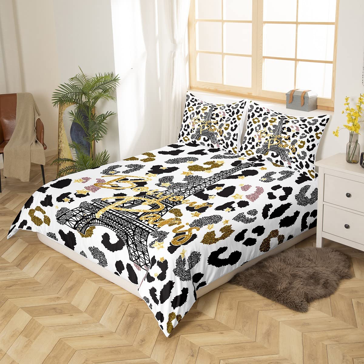 Loussiesd Eiffel Tower Duvet Cover Set Leopard Bedding Set for Kids Boys Girls Paris Tower Comforter Cover Cheetah 1 Duvet Cover with 2 Pillowcases Double Size - Image 2