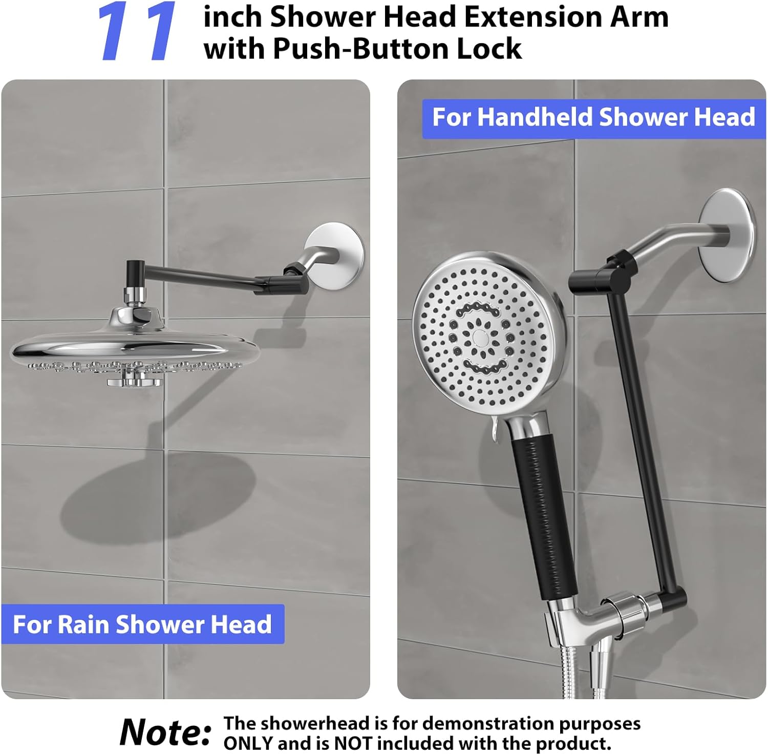 Adjustable Shower Head Extension Arm with Push-Button Lock, Solid Brass One-Hand Adjust Angle Height Arm Extender for All Rain & Handheld Showerheads,G1/2 Universal Connector (Matte Black, 11 Inches)