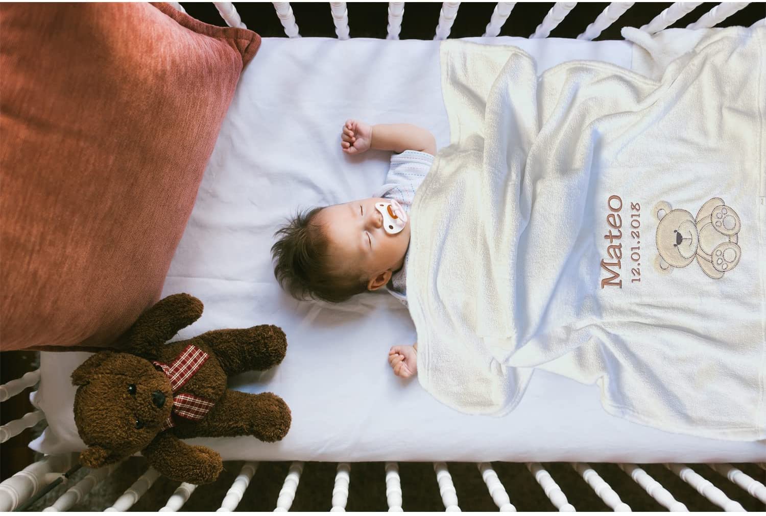 Coperta per bambino ricamata con nome e data di nascita, morbidissima, di prima qualità