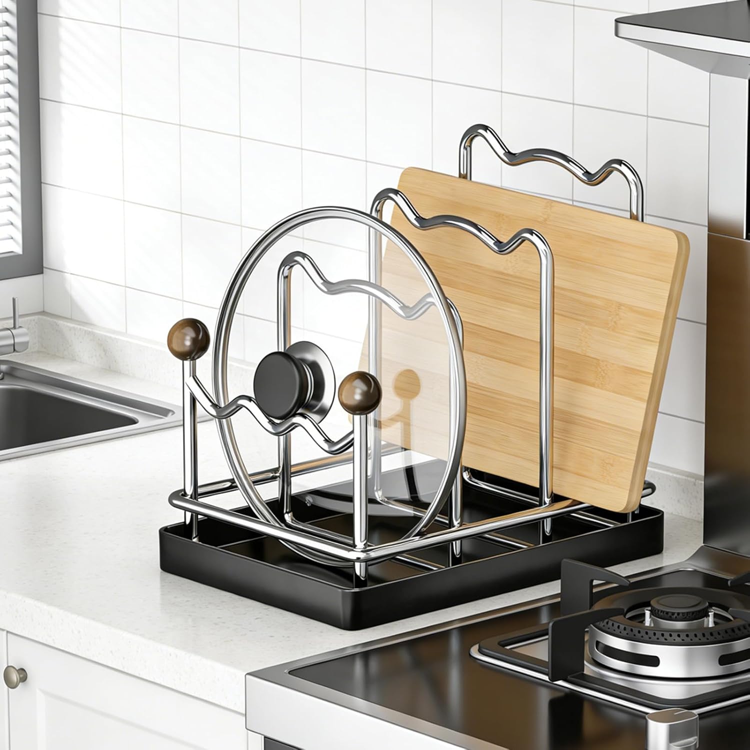 Pot Lid Organizer Cutting Board Holder with Removable Tray -Black