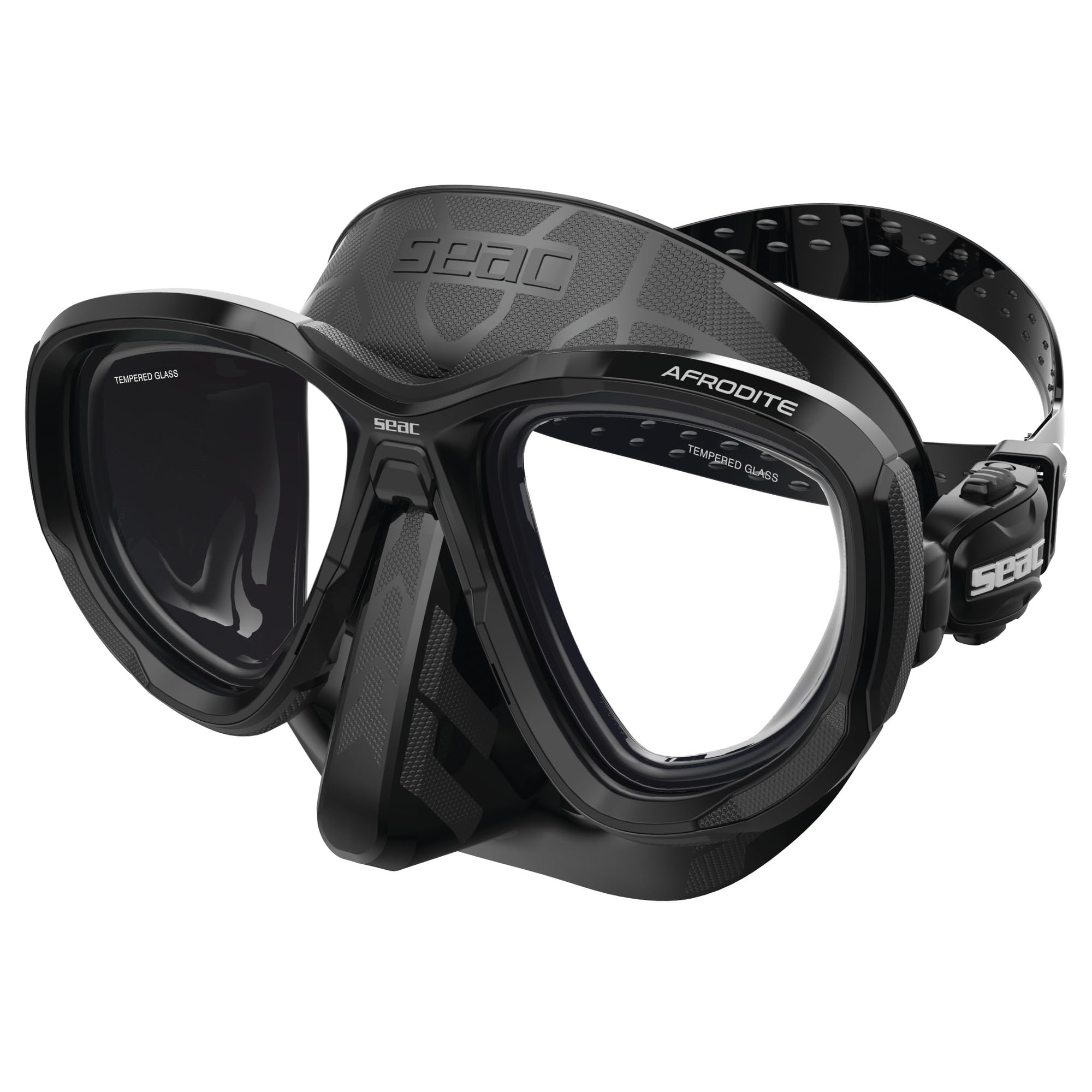SEAC Afrodite – Máscara de Buceo de Bajo Volumen con Lentes de Cristal Templado 3 mm, Faldón de Silicona Suave, Hebilla 3D Ajustable y Compatible con Lentes Ópticas Correctivas (-1.0 a -6.0)