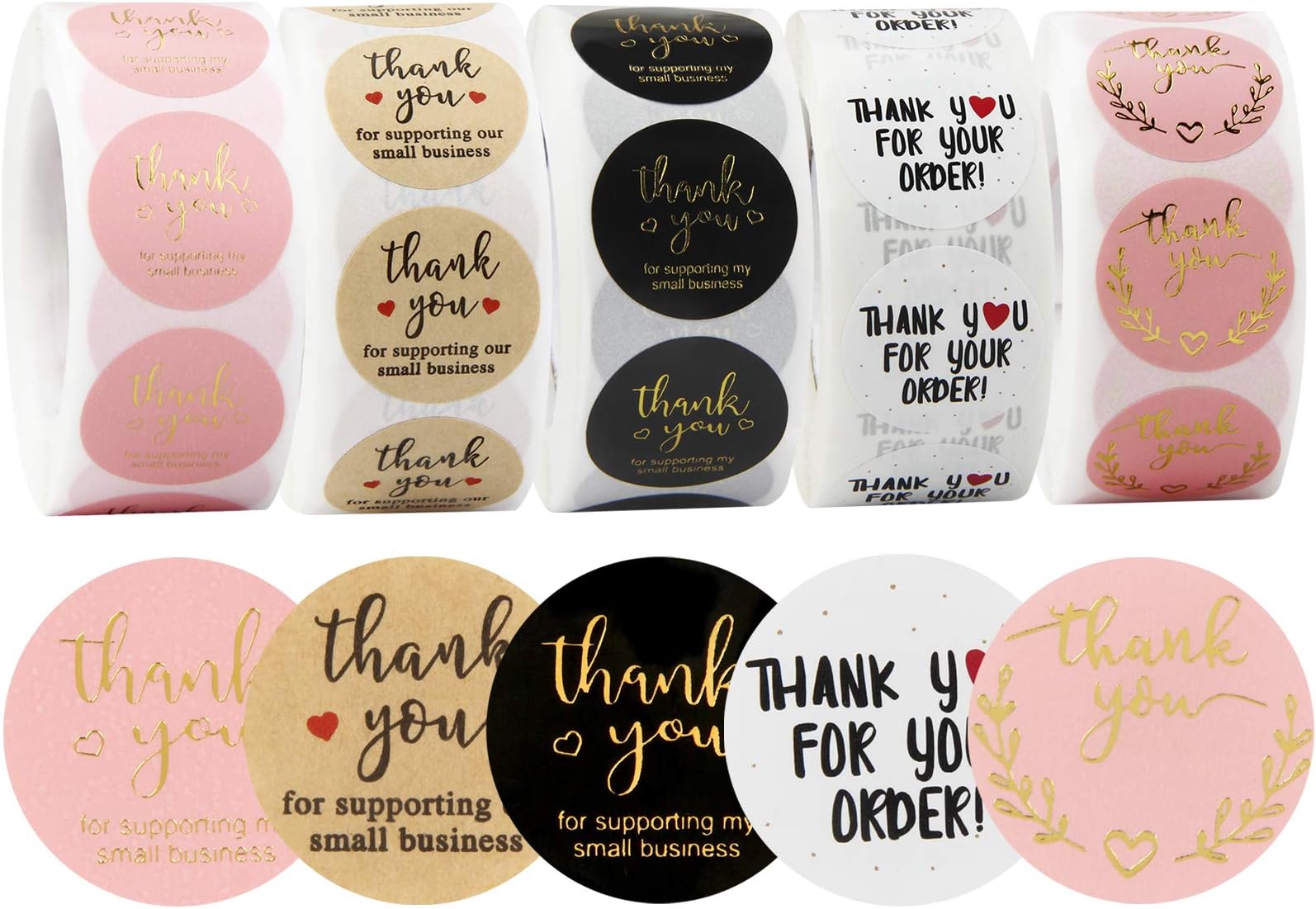 Thank You Stickers Small Business - 5 Rolls 2500 Pieces Thank You Stickers Labels for Envelopes, Bubble Mailers and Gift Bags Packaging, 1 Inch，500 Pieces Each Roll