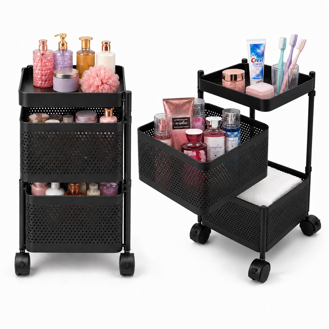 360° Revolving Portable Kitchen Trolley with Wheels | 2-Layer Square Multipurpose Organizer Rack | Fruits, Vegetables, Snacks Storage Rack (Black)-image-9