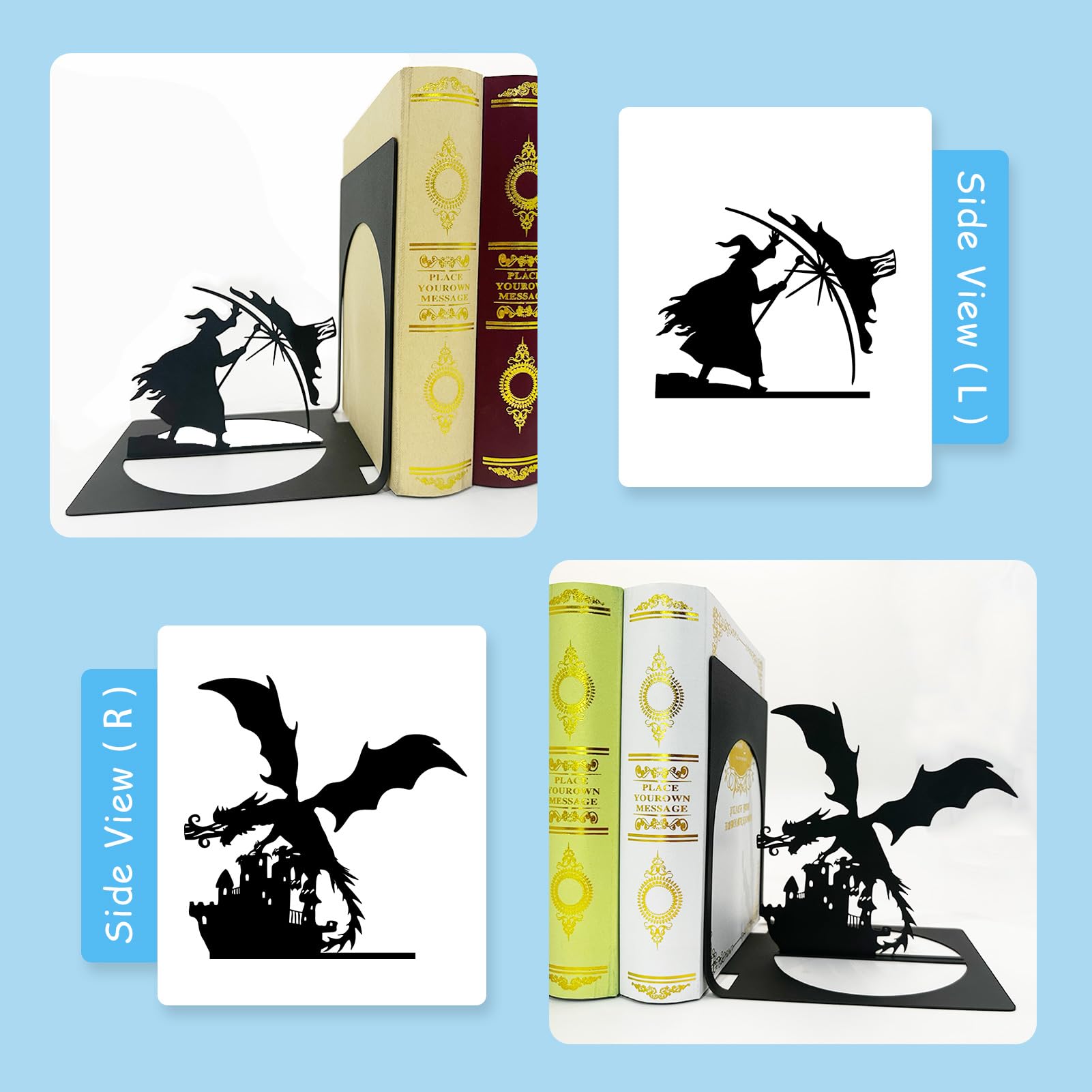 Fantasy-Drachen-Metall-Buchstützen, Gothic-Buchstützen, Drachen-Buchstützen, Zauberer-Buchstütze, Hexen-Bücherregal-Dekor, Buch-Organizer, schwarze Buchhalter für Zuhause und Büro