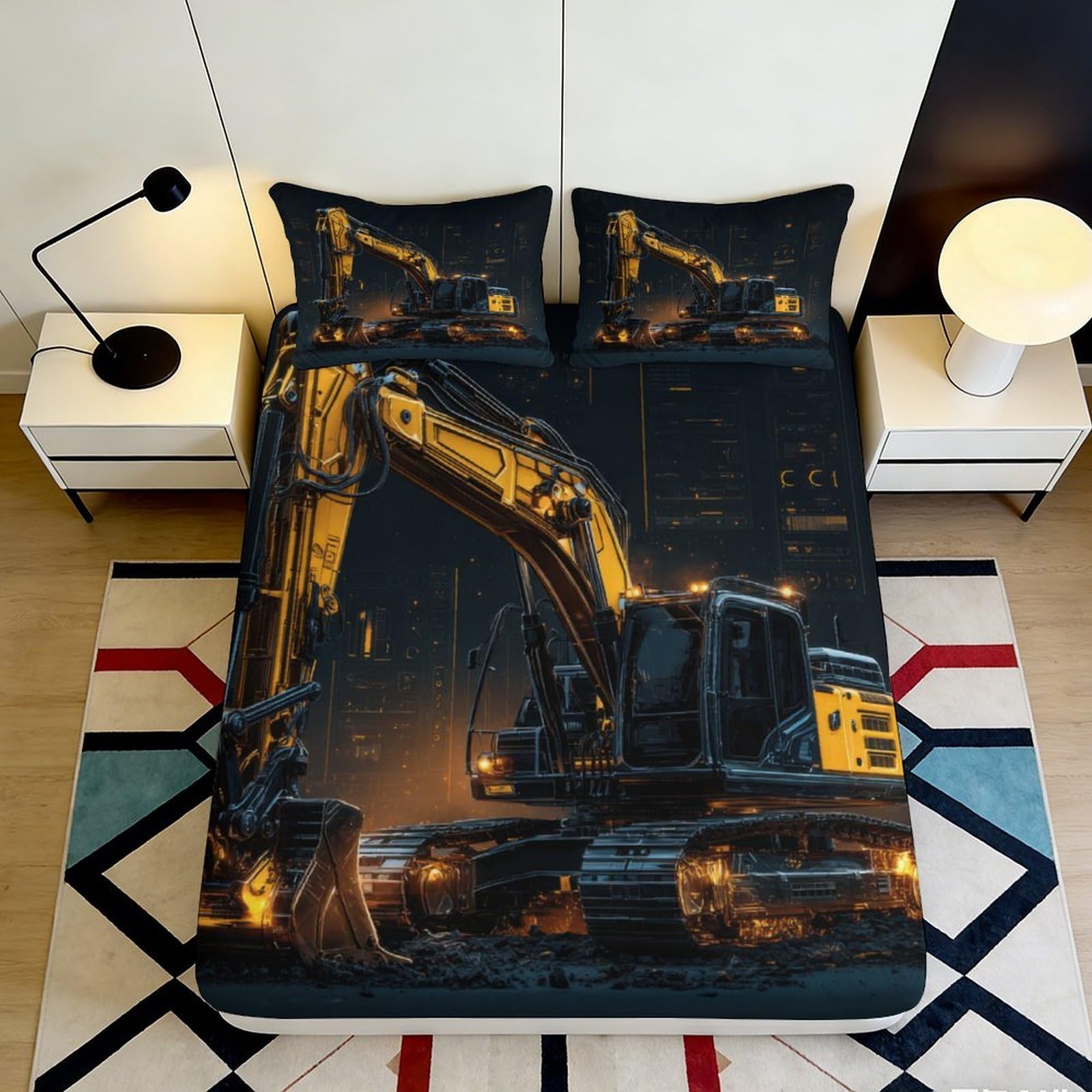 3D Printed Construction Scene Fitted Sheet Microfiber Deep Pocket Bed Wrap Bedroom Decor Machinery Mattress Fitted Cover for Adults Teens 200x200x25cm 90x200x25cm