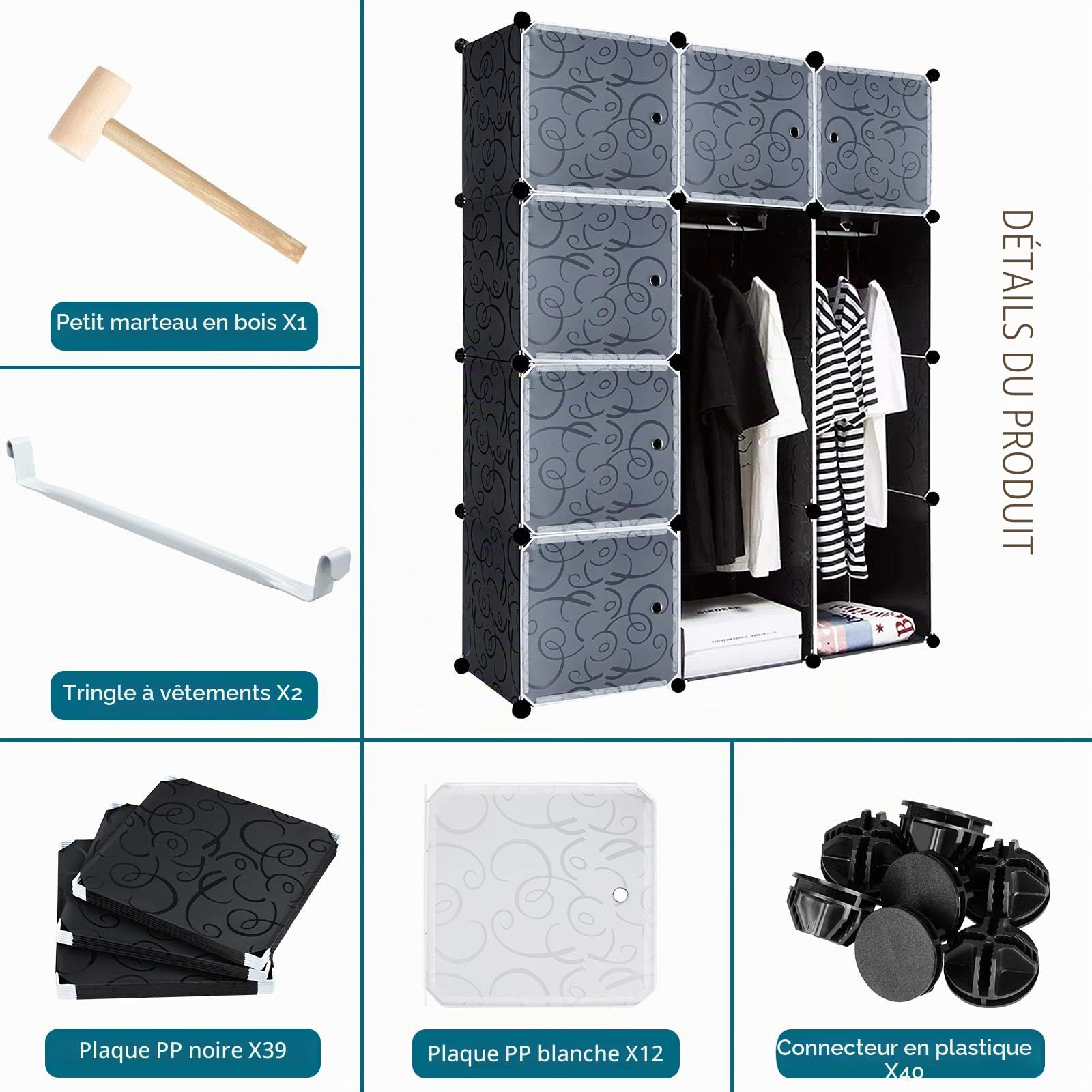Système d'étagères de rangement avec portes en plastique PP robuste et durable - Noir - 12 boîtes avec porte