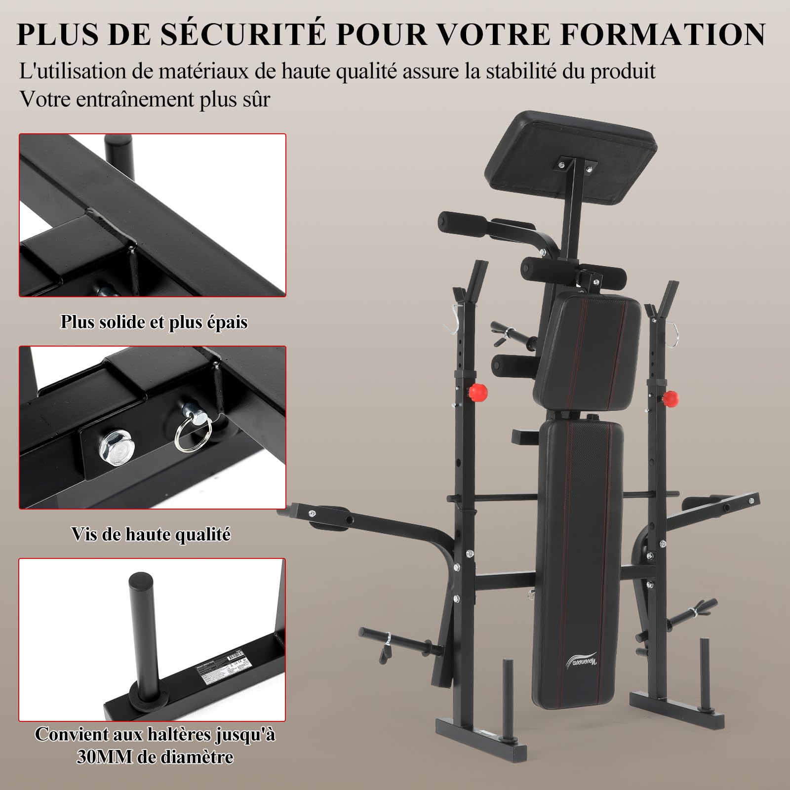 Banc de Musculation Complet Multifonction avec Dossier Réglable, Repose-Jambes et Support de Poids, Banc Musculation Pliable&Inclinable/Bancs Developper Coucher, Bancs de Biceps/de Curl