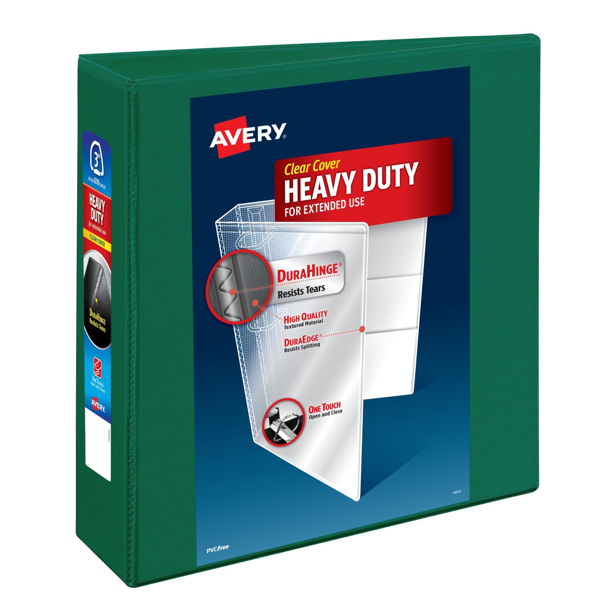 Avery Raccoglitore a 3 anelli resistente, anelli EZD One Touch da 7,6 cm, capacità 670 fogli, dorso largo 8,9 cm, copertina trasparente e dorso personalizzabili, 1 raccoglitore verde (79109)
