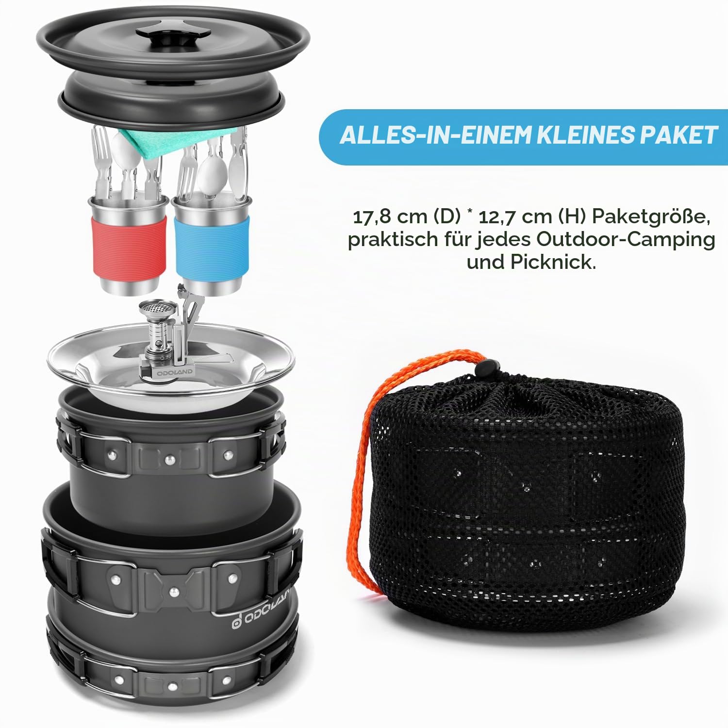Odoland Kochgeschirr Camping-Set mit Töpfen und Pfanne Tasse Teller Besteck faltbar Geschirr für 1-2 Personen leicht und kompakt für Camping Trekking Picknick Wandern