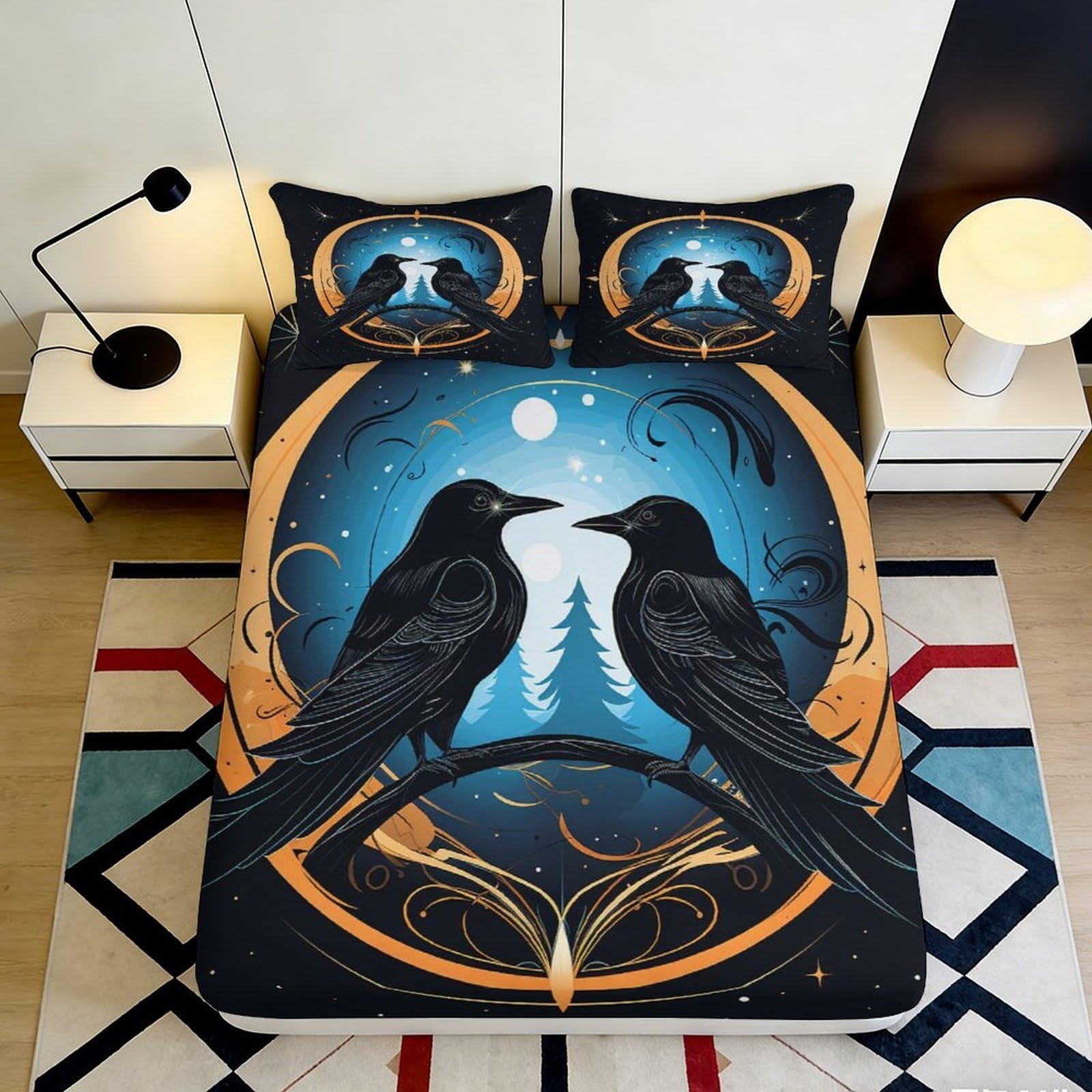 3D Printed Raven Moon Fitted Sheet Microfiber Soft Artistic Night Forest Mattress Cover for Bedroom Decor 90x200x25cm