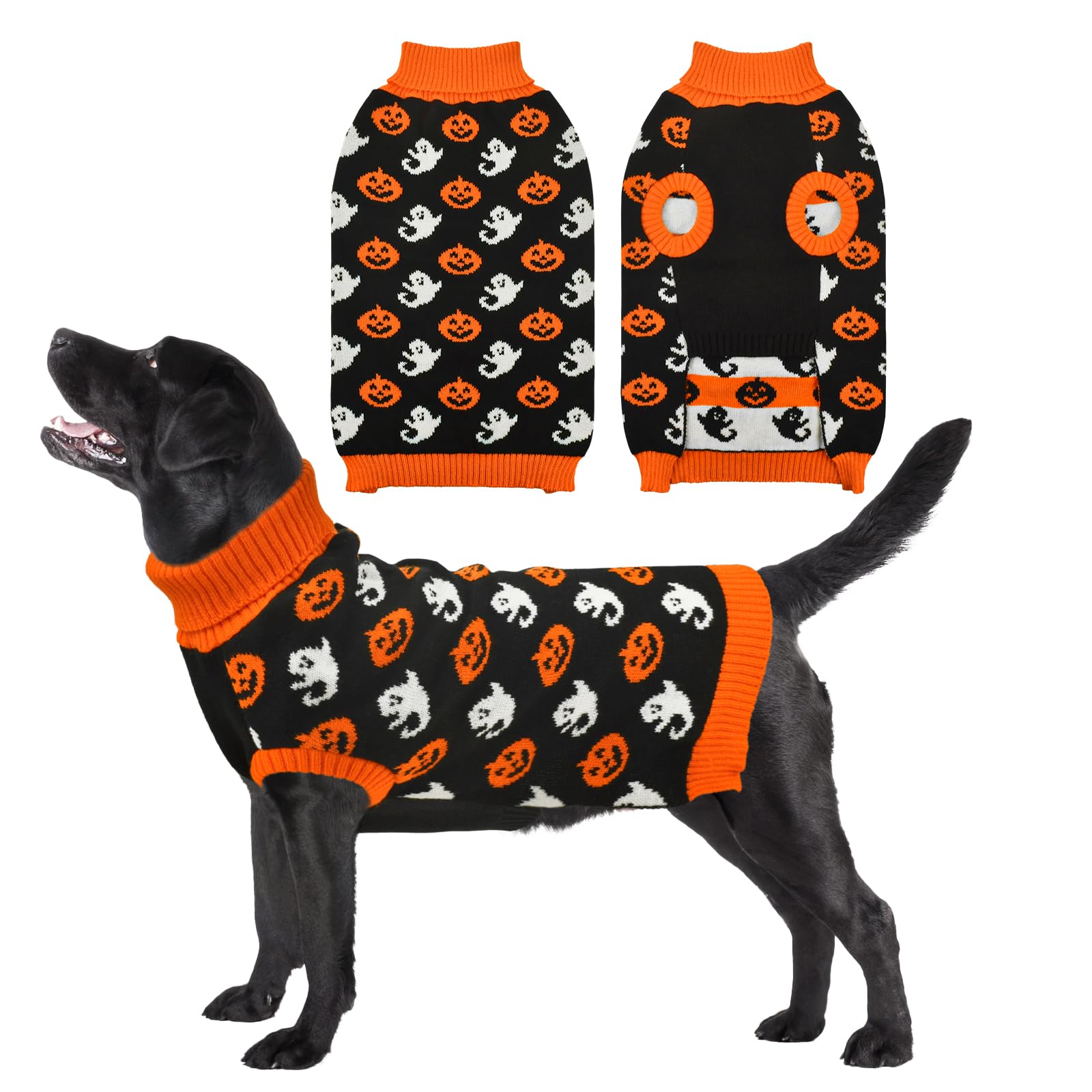 Vehomy Dog Halloween Sweater Pet Pumpkin Ghost Costume Cat Pumpkin Turtleneck Knitwear Shirt Pullover Dog Puppy Halloween Sweaters Clothes Outfits for Cats Small Medium Large Dogs 4XL