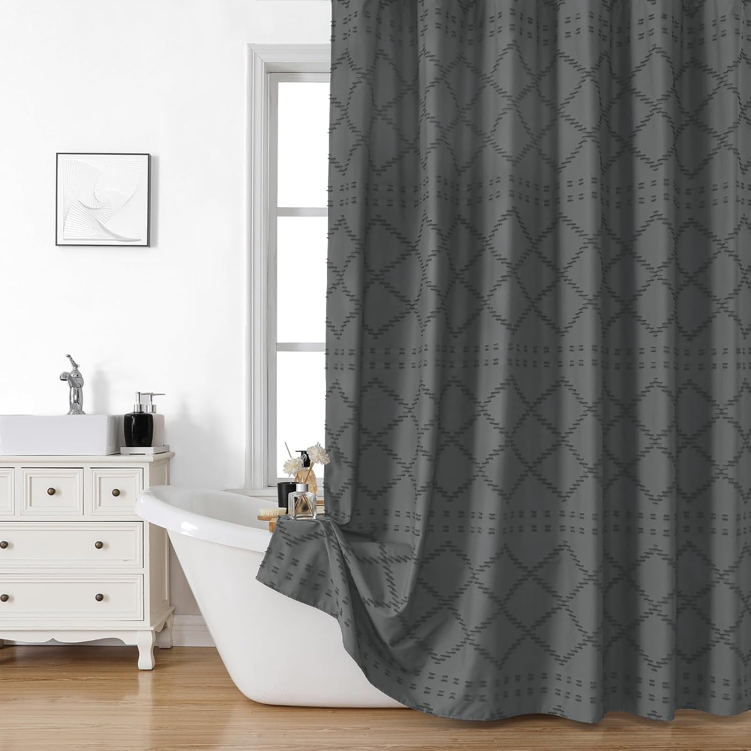 Gibelle Grey Fabric Shower Curtain, Tufted Textured Modern
