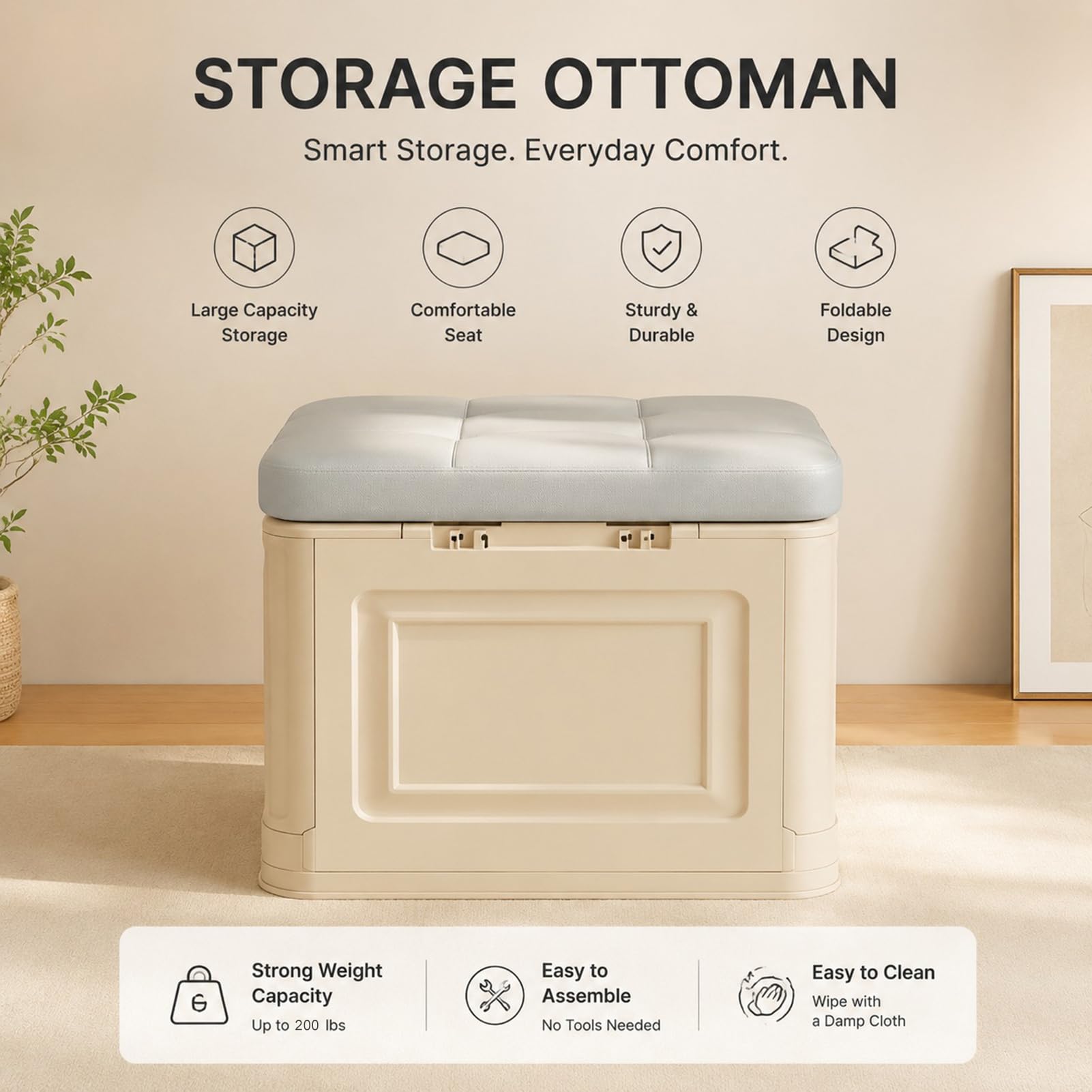 Sitzbank mit Stauraum – Aufbewahrungsbox, Sitzbank klappbar, pflegeleicht, Faltbare Aufbewahrungsbox mit Deckel, bis 200 kg belastbar, für Flur, Wohnzimmer, Schlafzimmer (Light Gray, 80cm)