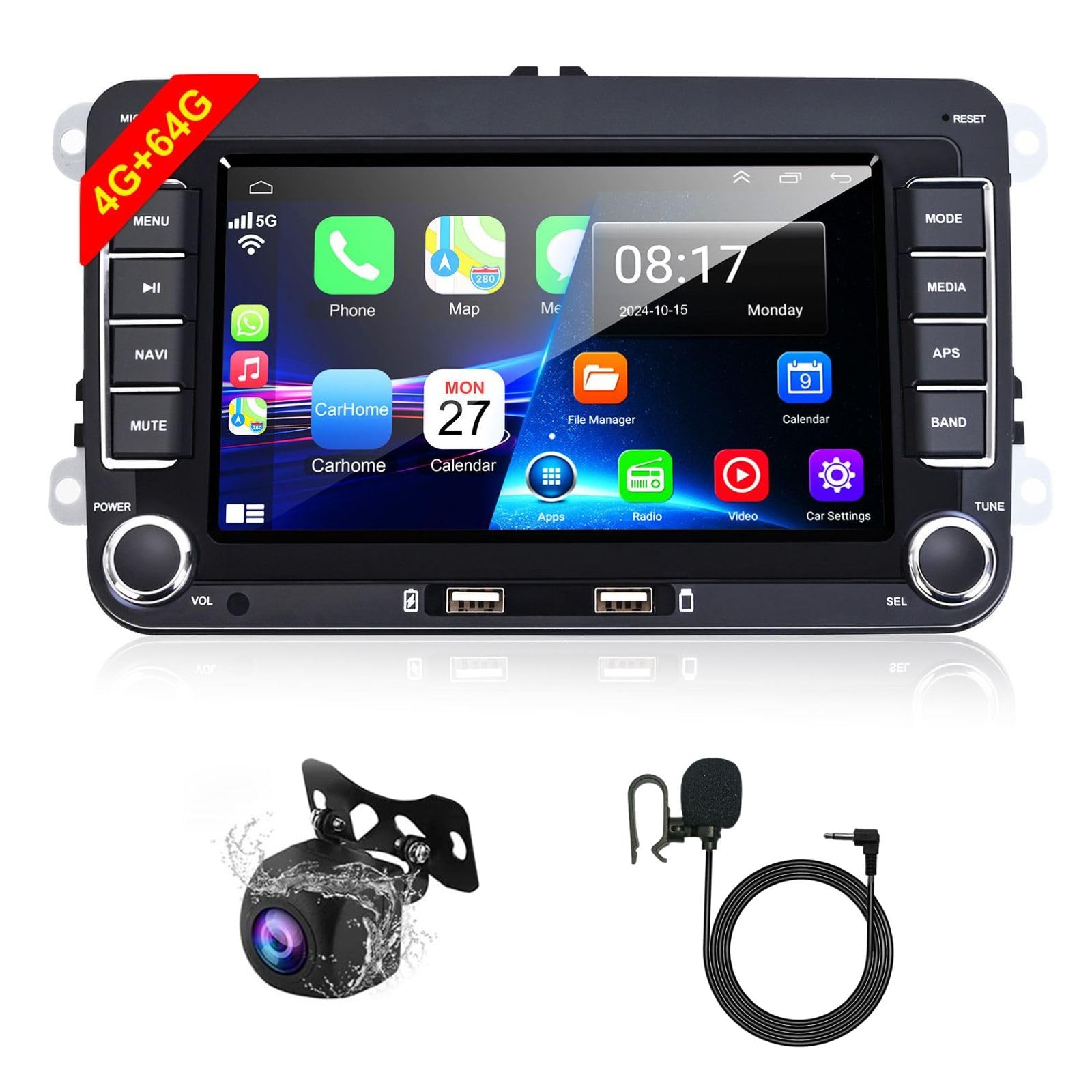 4G 64G Android 13 Car Radio for VW Jetta Passat Seat Golf Polo MK5, 7 inch Touchscreen Bluetooth Stereo Wireless CarPlay Android Auto GPS Navi 5G/WiFi FM Radio+AHD Backup Camera