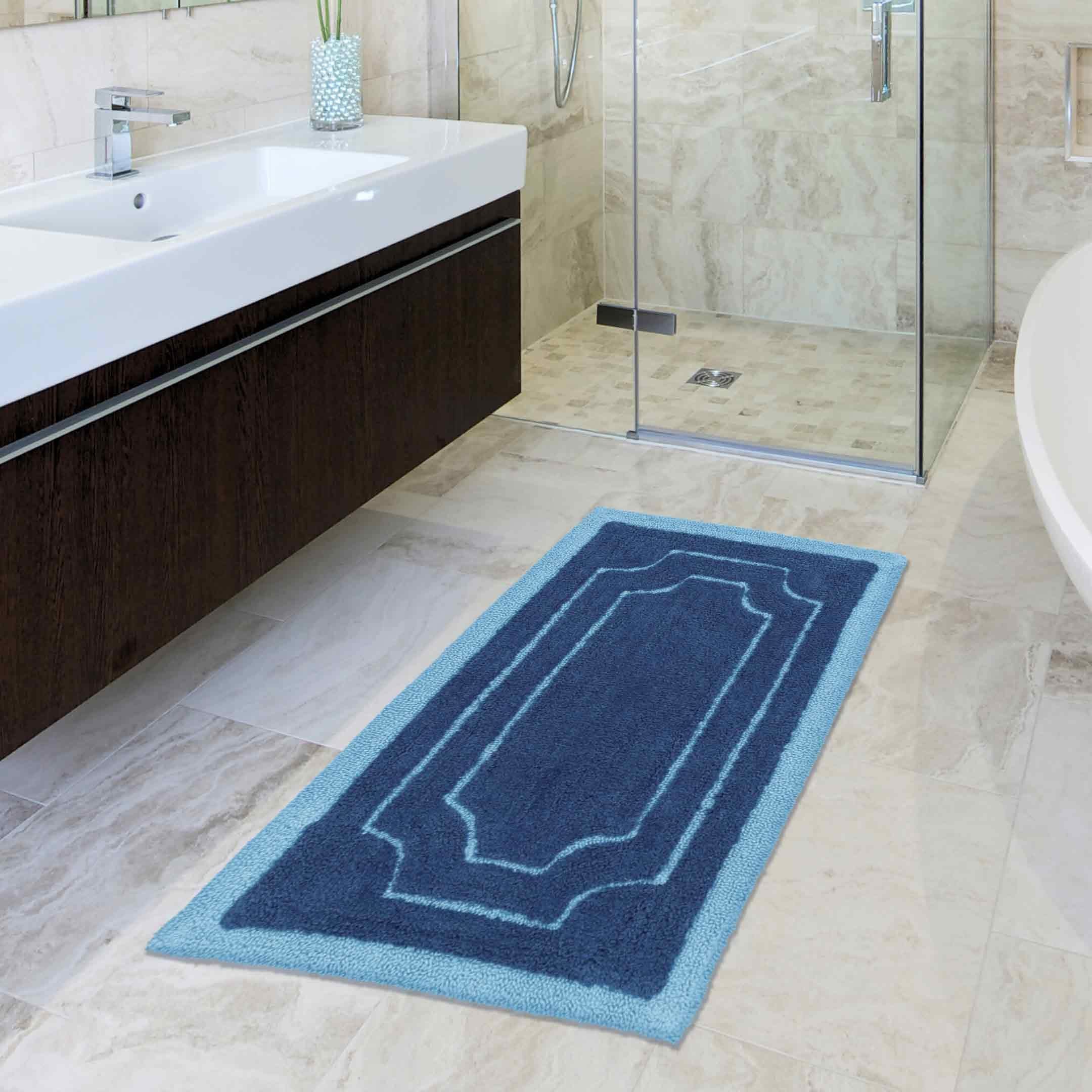 Casatessile Tappeto Bagno Antiscivolo in Cotone Iris Scendidoccia Assorbente E Lavabile in Lavatrice. - Azzurro, Set 3 Pezzi
