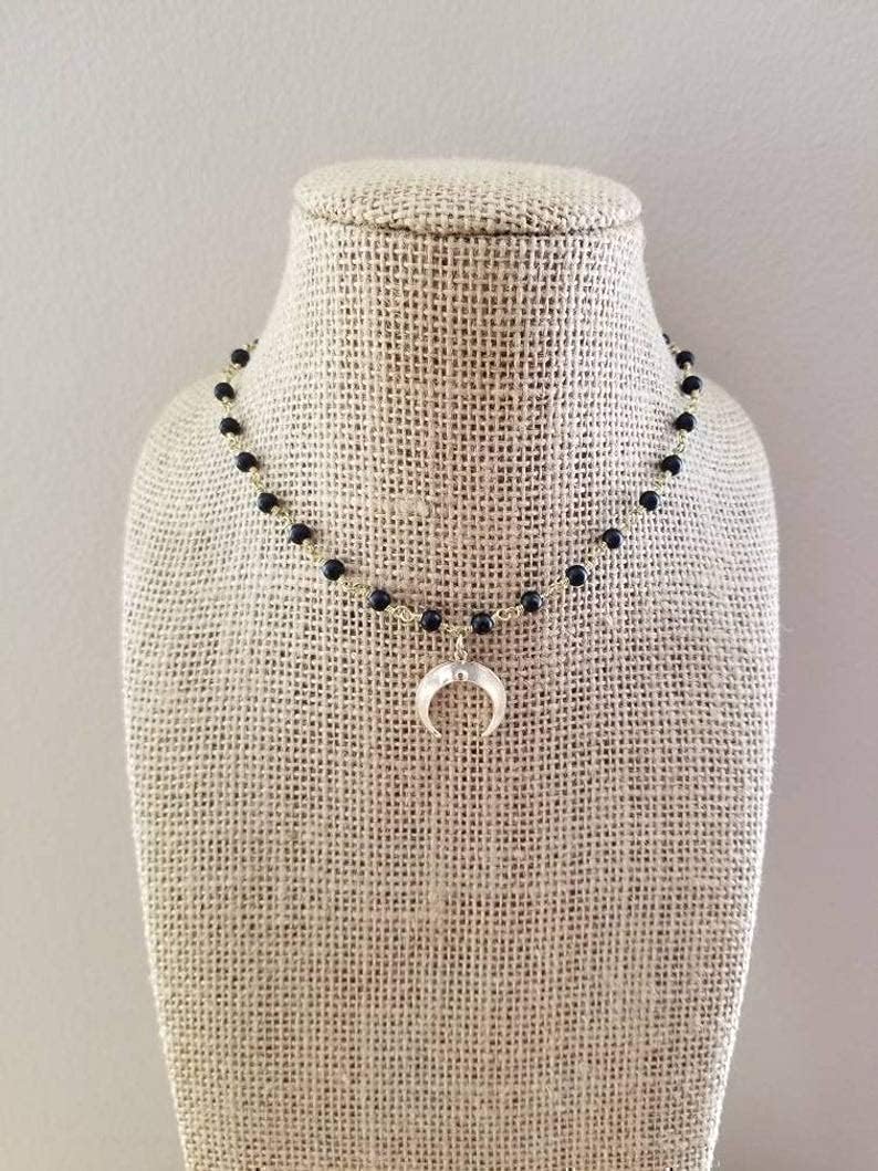 Gold Crescent Horn Necklace Choker Black Agate Stone Rosary Chain Gift For Her