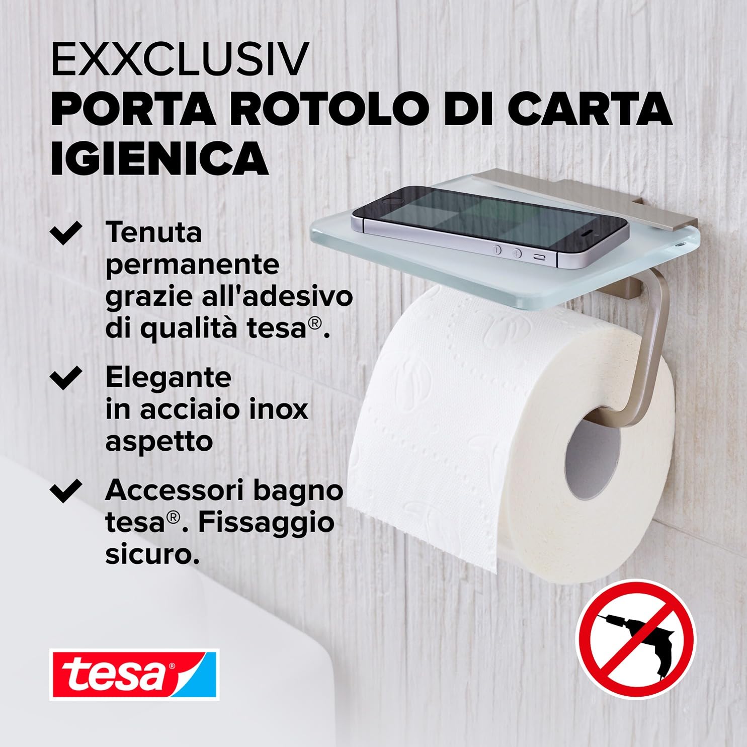 Tesa Exxclusiv Scopino WC, Autoadesivo, Look Acciaio Inox, Design Sofisticato, Inox Assicurato, 445mm x 98mm x 138mm