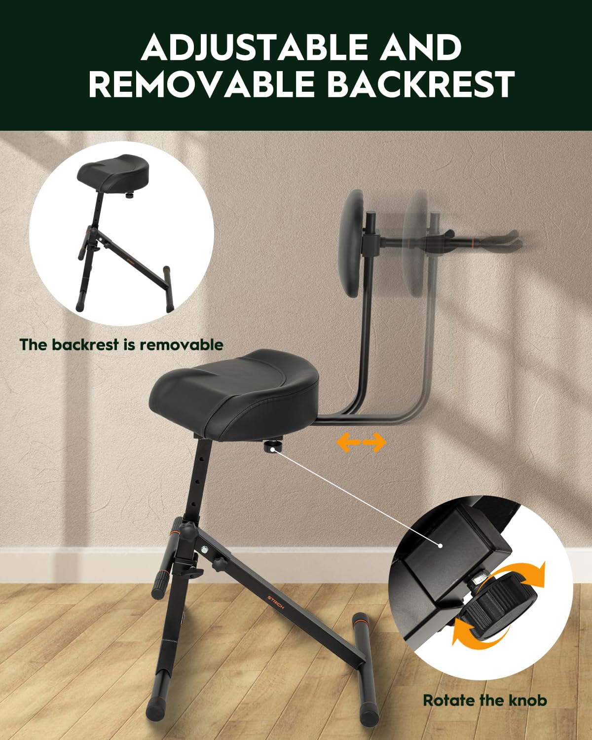 STRICH Sgabello per chitarra con schienale, sgabello regolabile, seduta regolabile in altezza con gancio per bassi acustici, sgabello per tamburo per adulti, batteristi e chitarristi SGT-40