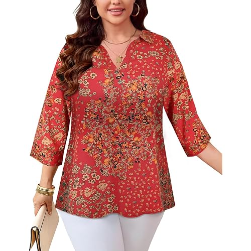 RITERA Women's Plus Size Tops Dressy Casual 3/4 Sleeve Business Work Blouses V Neck Flowy Tunics Shirts XL-5XL