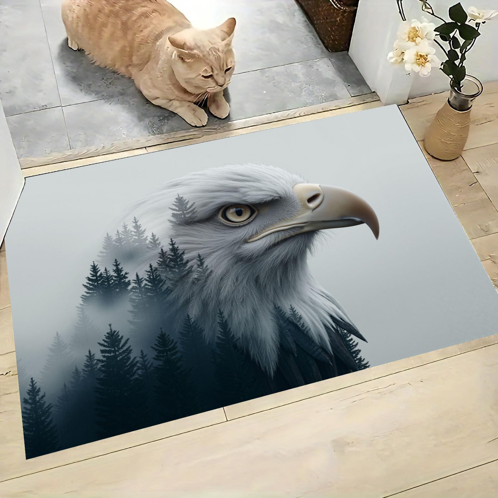 Tapis forêt brumeuse aigle noir et blanc 60x90cm antidérapant et lavable