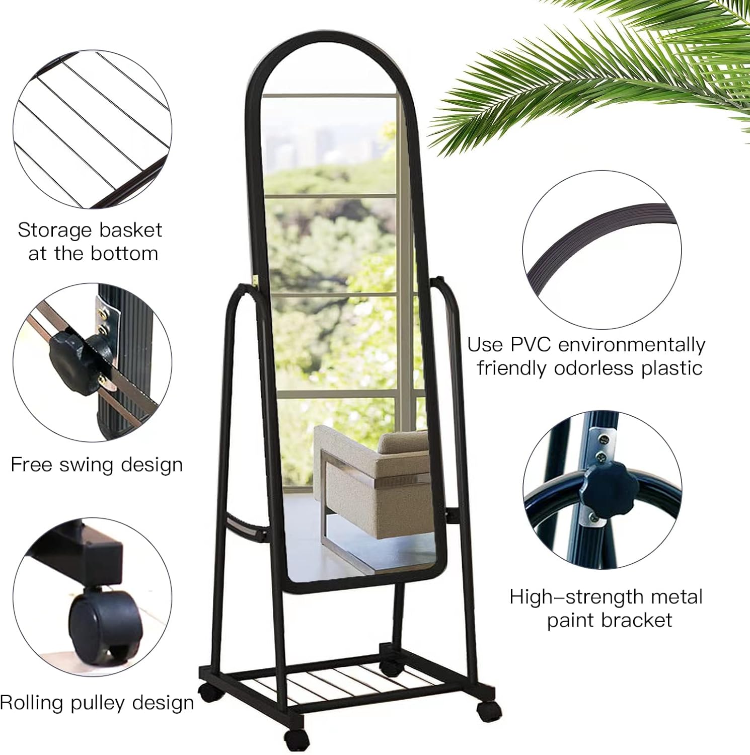 Full-Length Mirror with Bracket, 66"x17"Adjustable Stand Up on Wheels with Underneath Storage, Floor-Standing Make Up Vanity Mirror Dressing for Bedroom Bathroom Porch