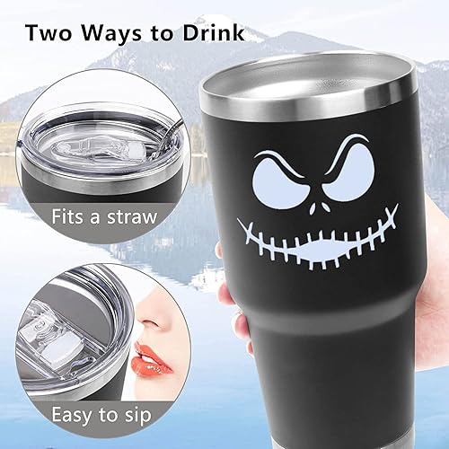 Miniatura 5 de Vaso de acero inoxidable de tres capas con aislamiento lindo Jack Skellington de 30 onzas con tapa y pajitas tazas de viaje tazas de café divertidas
