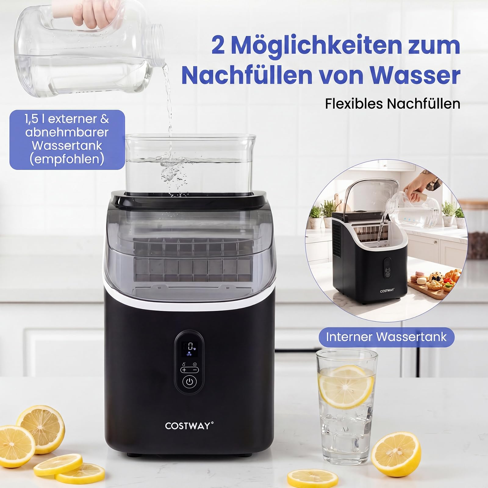 COSTWAY 1,5L Eiswürfelmaschine, Ice Maker 15kg in 24H | Eismaschine 16 Eiswürfel in 13min, Eiswürfelbereiter inkl. Schaufel/Timer/Selbstreinigungsfunktion (Schwarz)