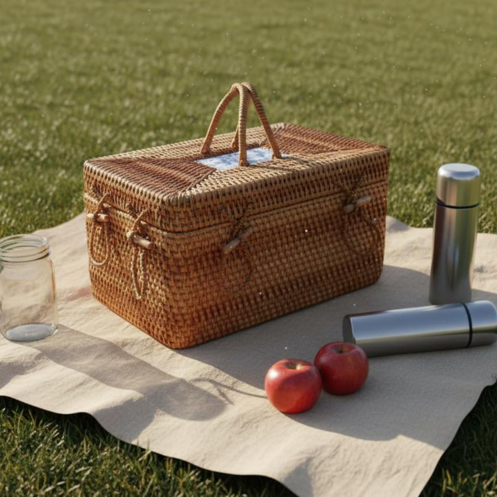 Caja de Ratán con Tapa Agarraderas Portátil Cesta Tejida de Mimbre Multiusos Baúl Almacenamiento Estilo Retro para Dormitorio, style to 1