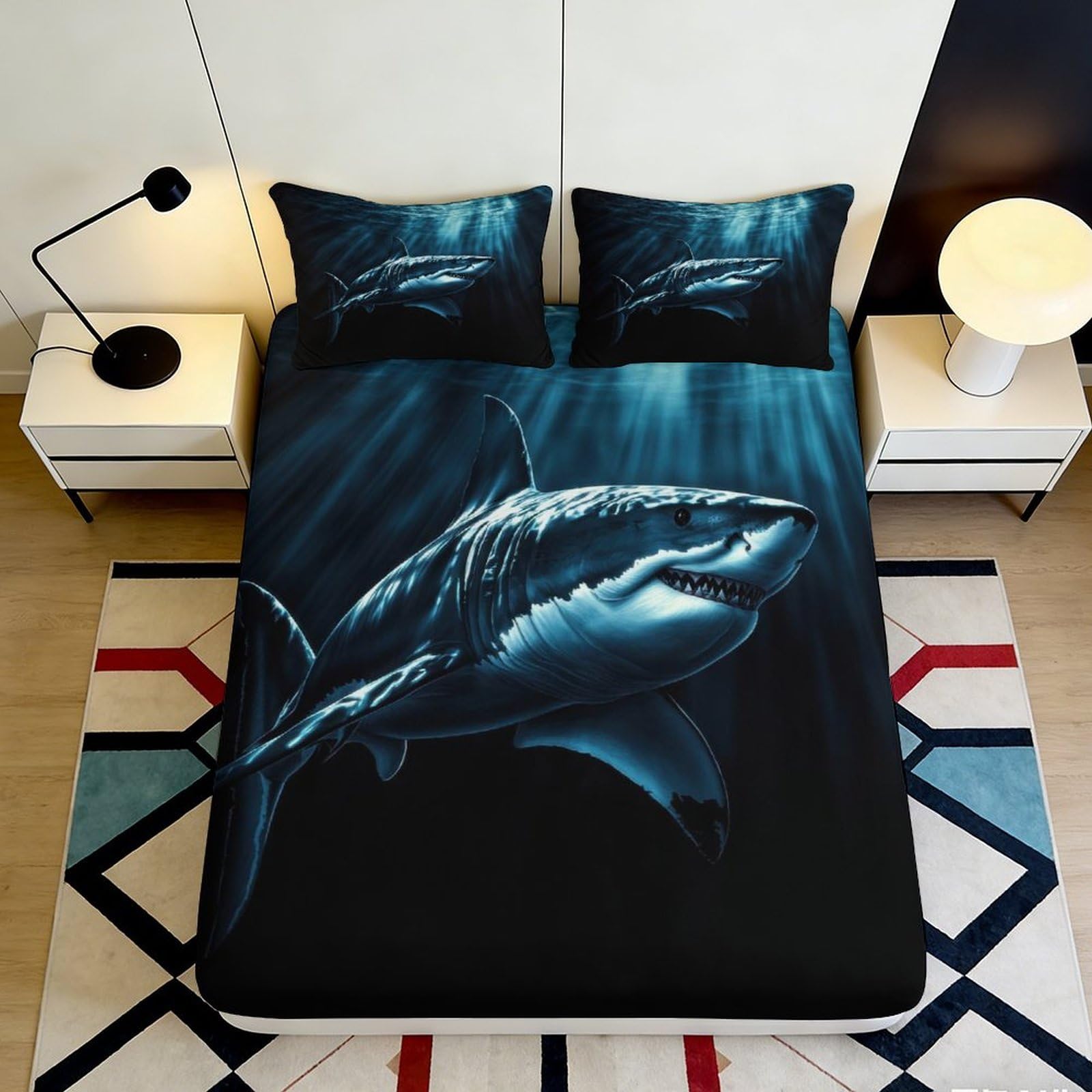 3D Printed Shark Ocean Fitted Sheet Microfiber Soft Blue Sea Predator Bed Cover for Bedroom Guest Room Decor 90x200x25cm