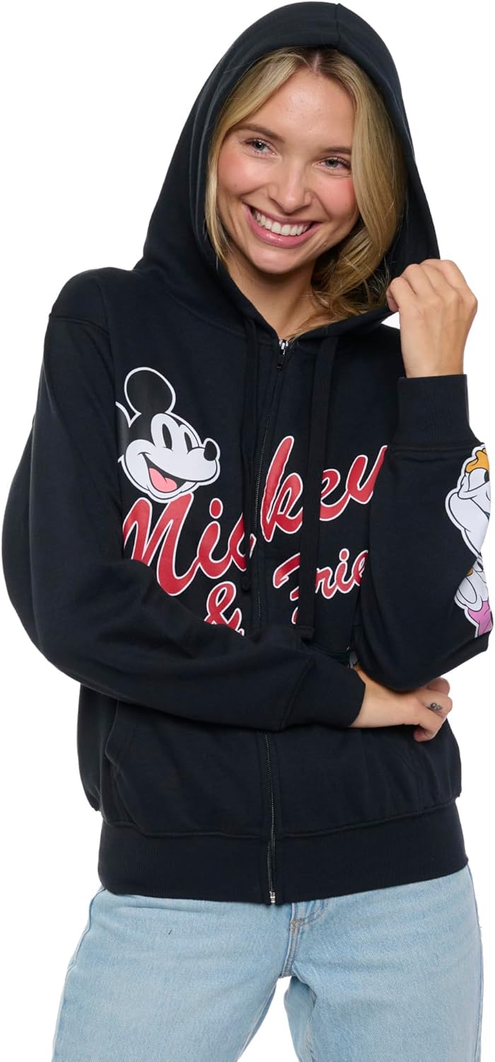 Disney Mickey Mouse Women's Zip Hoodie Black Fleece Sweatshirt Daisy Goofy Donald Pluto