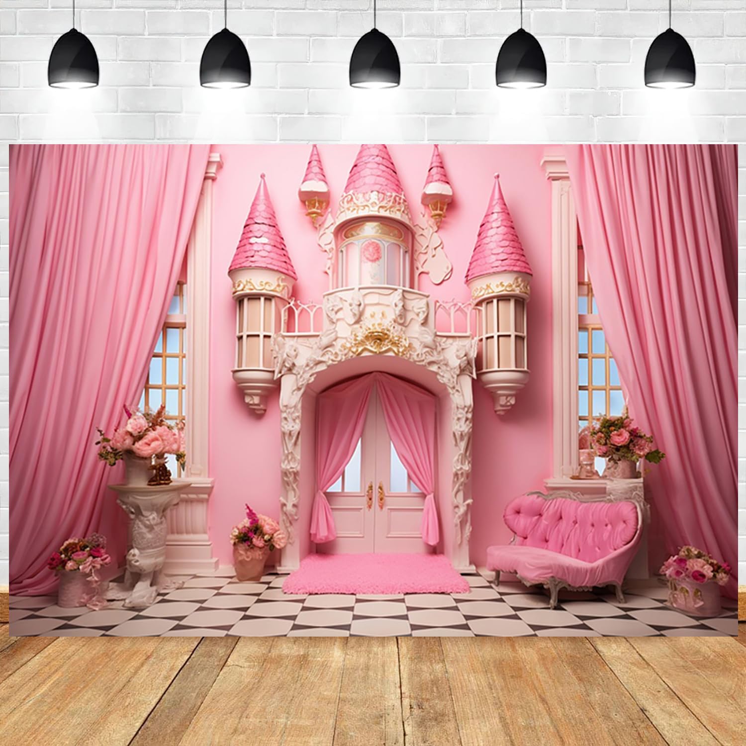 7x5ft Pink Princess Castle Backdrop Curtain Window Door Room Interior Background for Photography Sofa Flowers Vases Banner Decorations Girl Kids