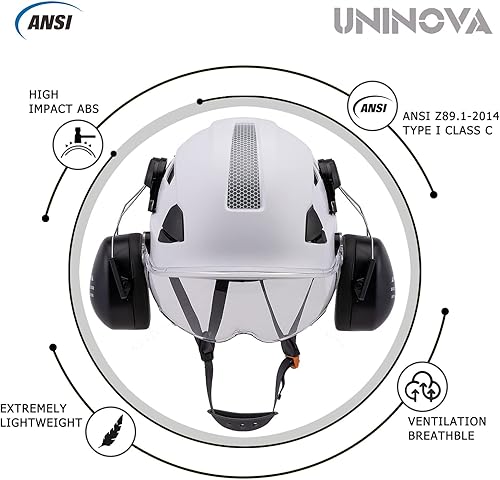 Miniatura 9 de UNINOVA Casco de protección para los oídos y visera ANSI Z89.1 con ventilación ABS forestal, arborista, árbol, construcción, construcción,