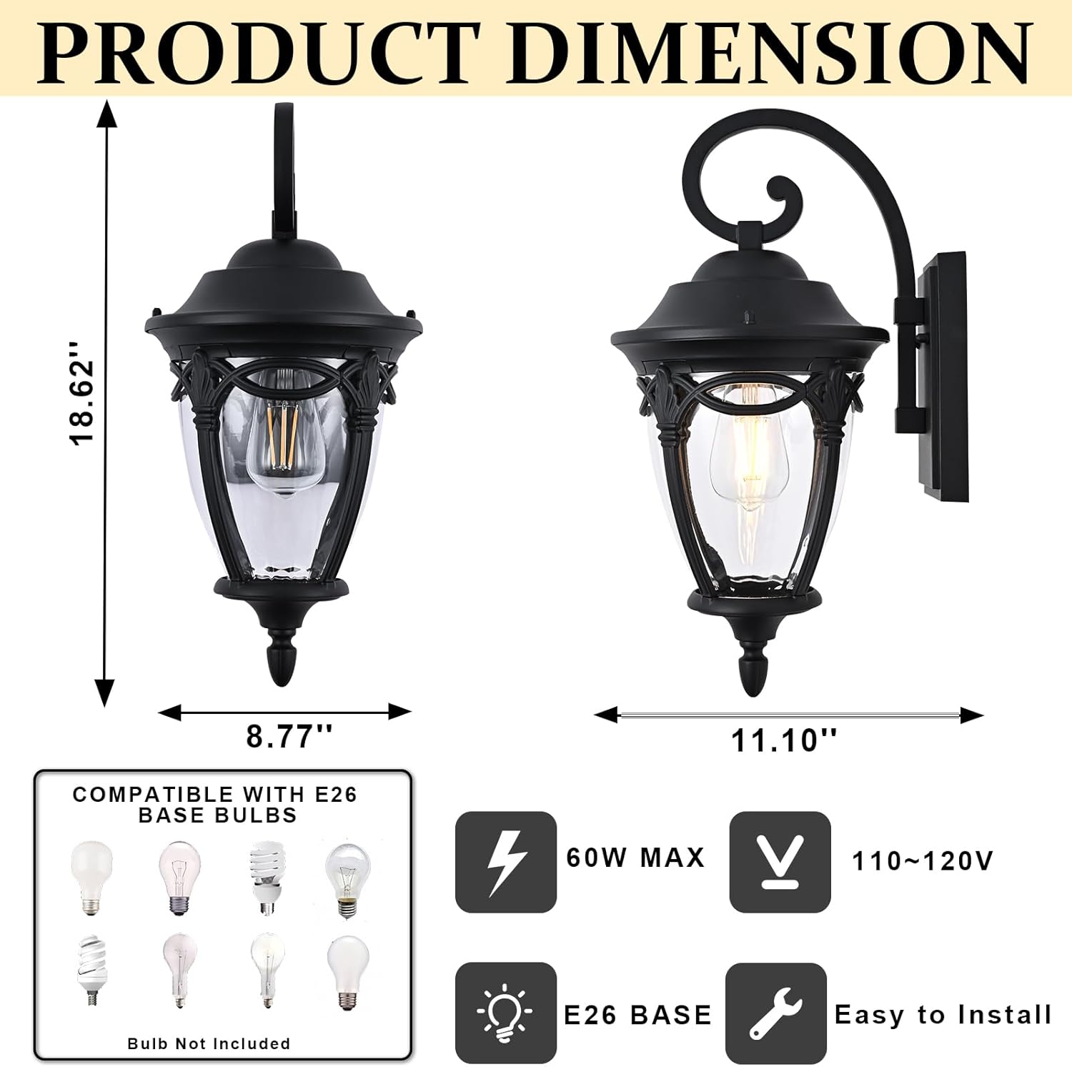 Large Outdoor Wall Sconce Lights for House, Black Exterior Lighting Fixtures Wall Mount, Waterproof Outdoor Front Porch Light Fixture with Clear Glass for Porch, Patio, Garage