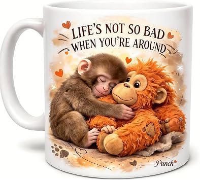 Punch Monkey Mug, Punch and His Bear Mug, Inspirational Little Monkey Ceramic Coffee Mug, Unique Motivational Gift for Animal Lovers