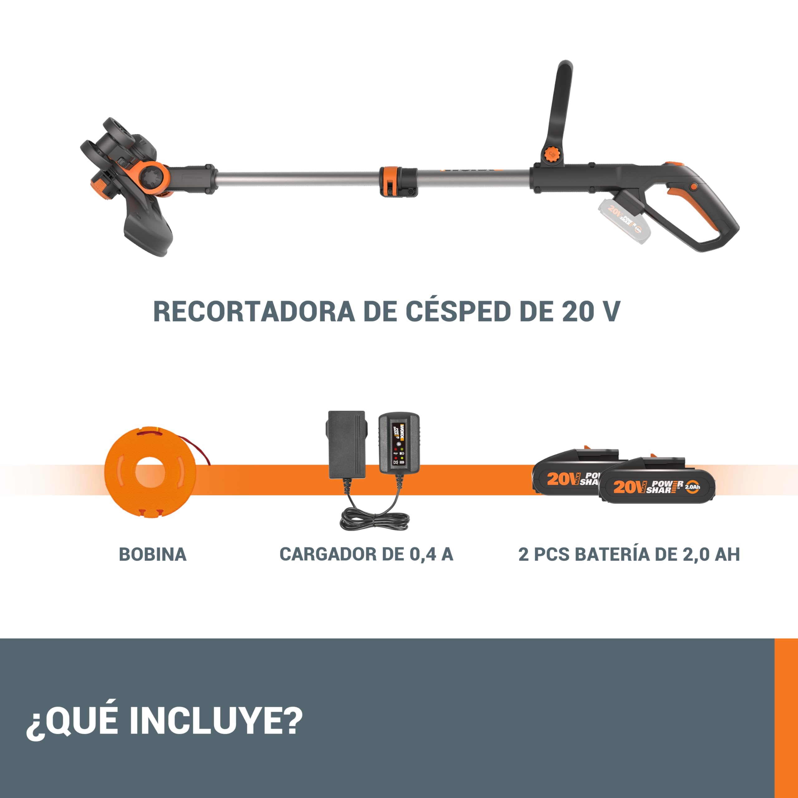 WORX WG163E Desbrozadora y Cortabordes 2 en 1 a Batería 20V 2Ah, Sistema Command Feed Automático, Cabezal Giratorio 90°, para Jardines Medianos