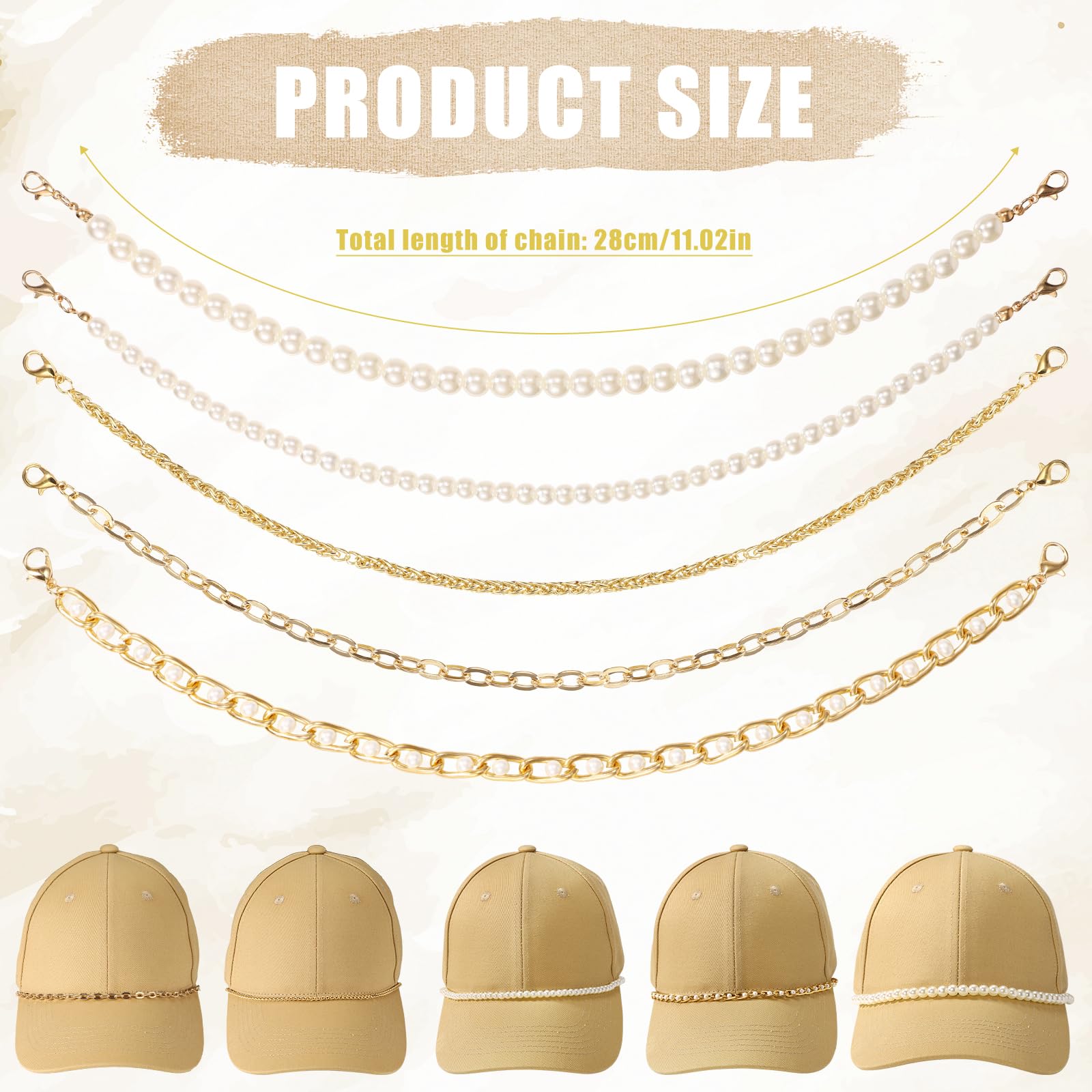 5pcs Trucker Hat Chains, 5 Styles Metal/Pearl Chains Detachable Hat Chain Baseball Cap Chains Trucker Hat Charms Accessories for Women Men DIY Mesh Baseball Cap Netback Cap