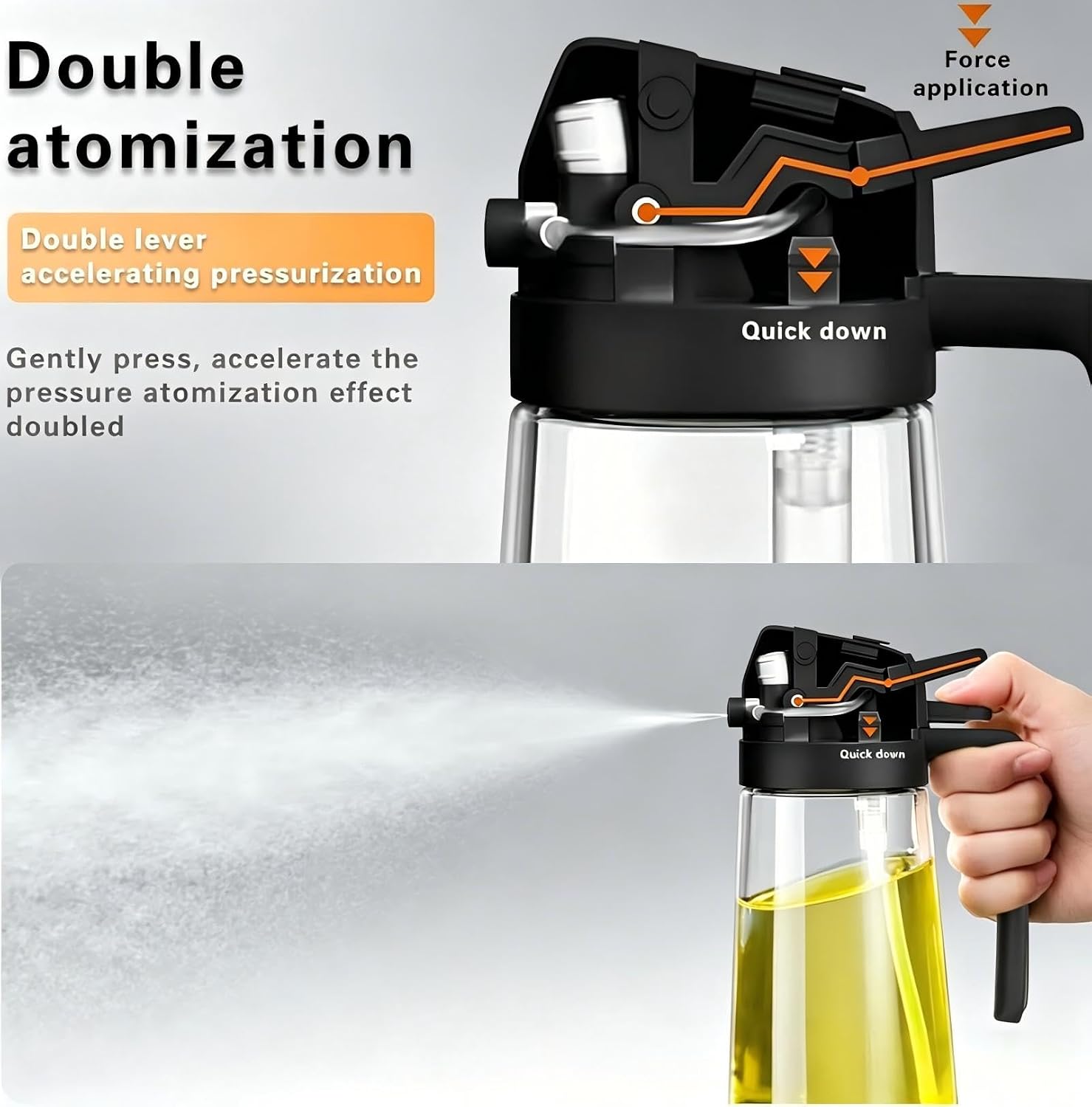 2 in 1 Olive Oil Spray for Cooking, 470ml/16oz Oil Dispenser Bottle for Home and Kitchen, Olive Oil Sprayer Bottle for Air Fryer, Salad, BBQ (Black)