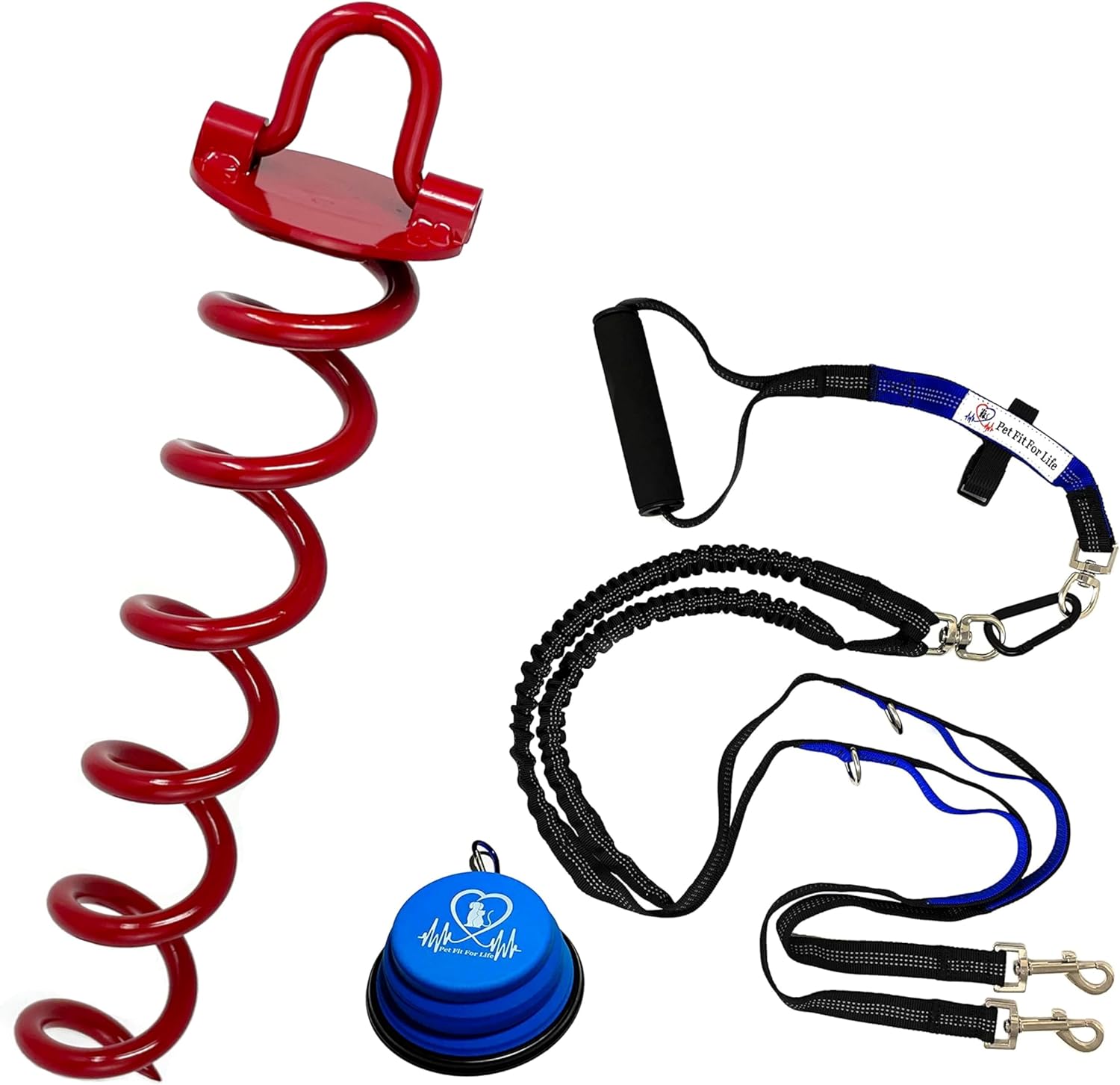 Heavy Duty Spiral Yard Stake and Dual Dog Leash with Collapsible Bowl Bundle
