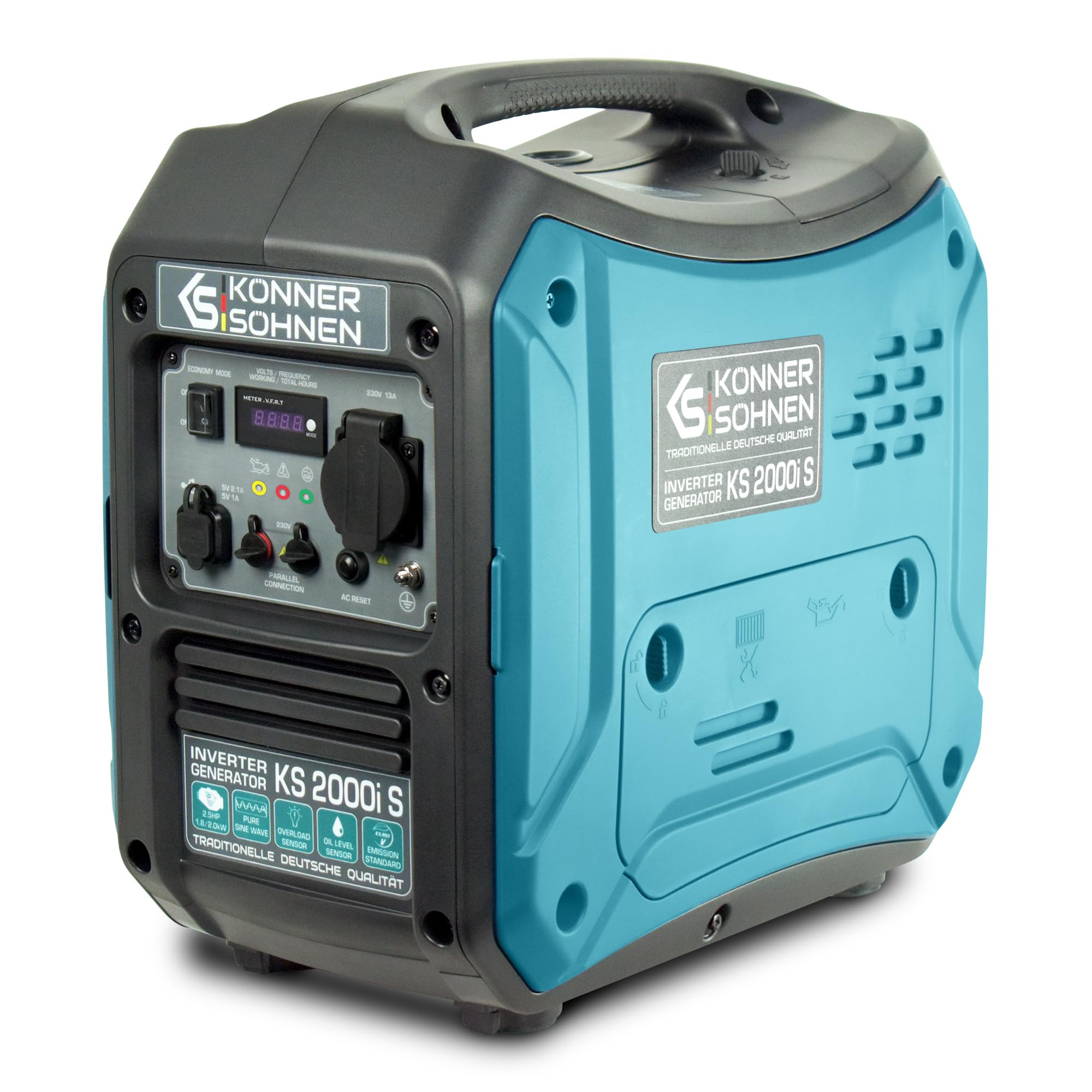 K&S Könner&Söhnen KS 2000i S Inverter Generator 2000W, generator petrol silent with UK Plug Socket 1 x 13A (230 V), 2 USB Ports, Copper Wound, portable Inverter petrol generator